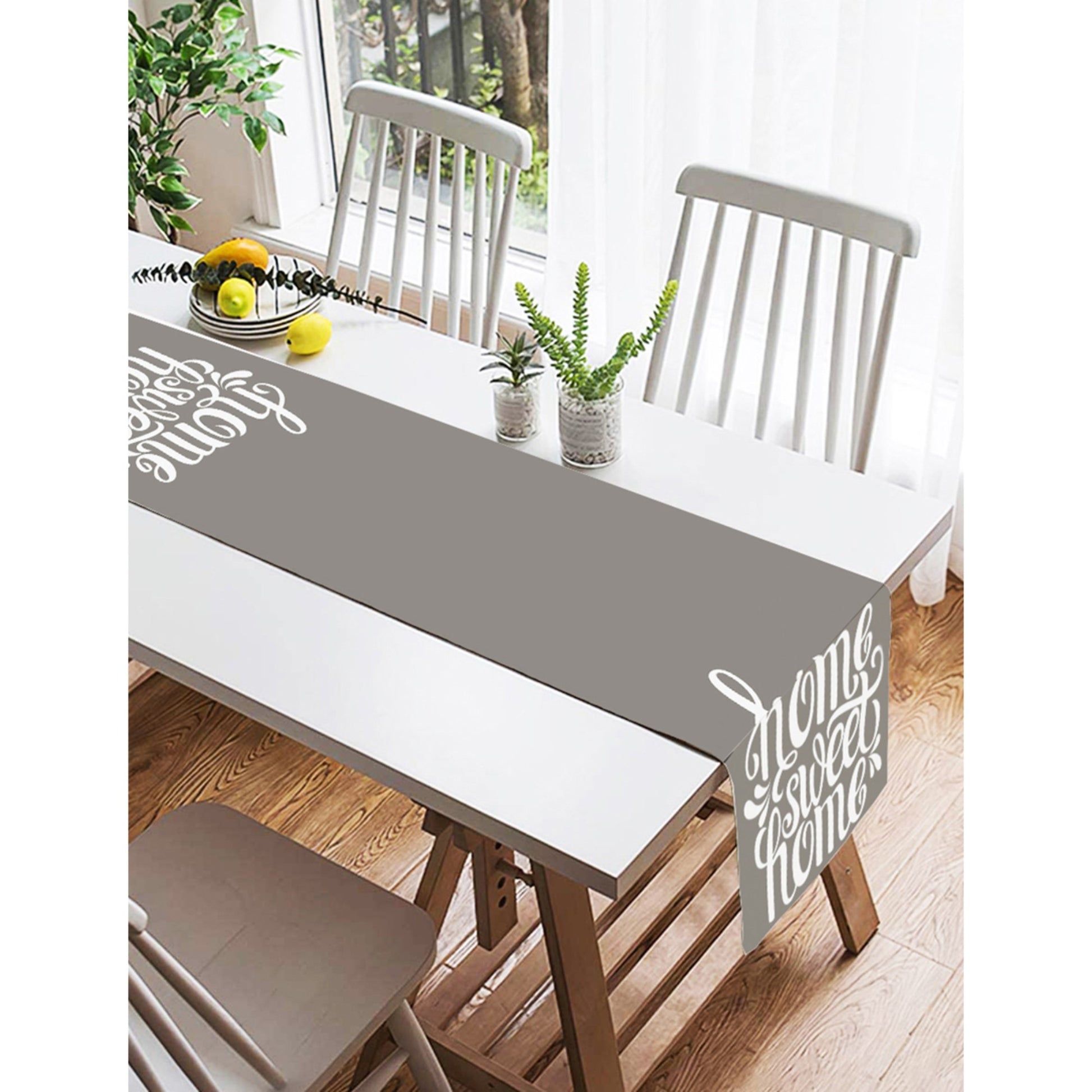 Soft grey table runner featuring "Home Sweet Home" for inviting decor.