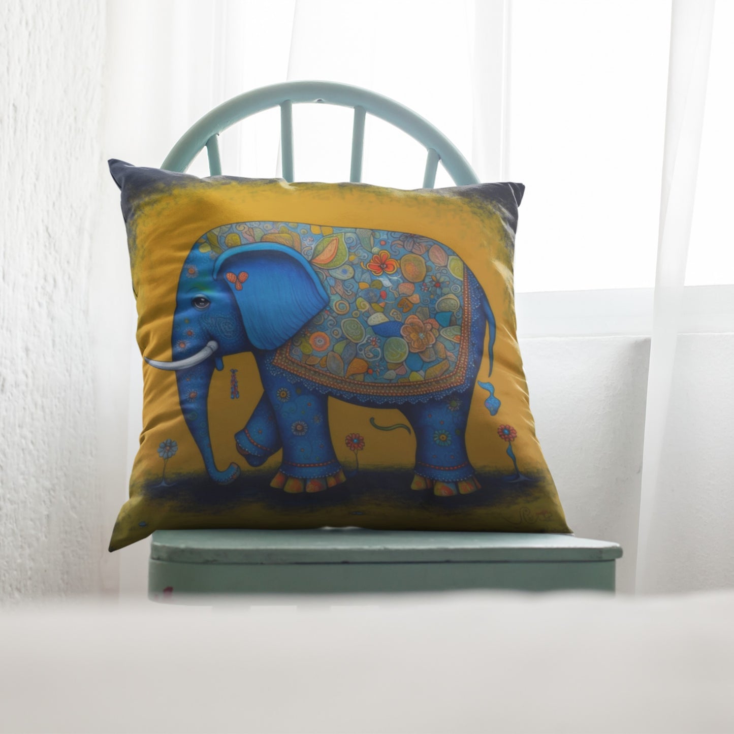 Playful Blue Elephant Pillow Design