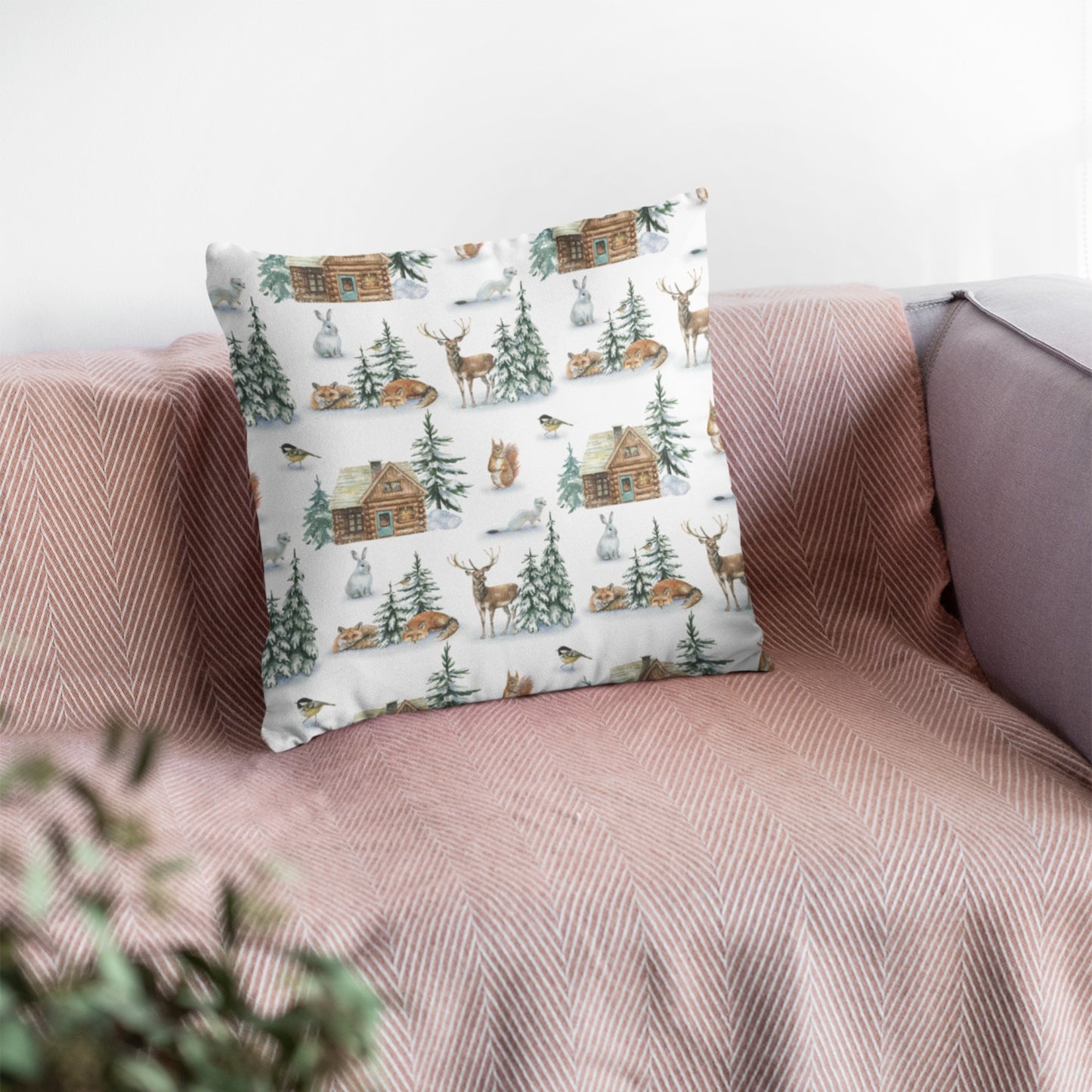 Winter Theme Pillow with Grid House in Nature