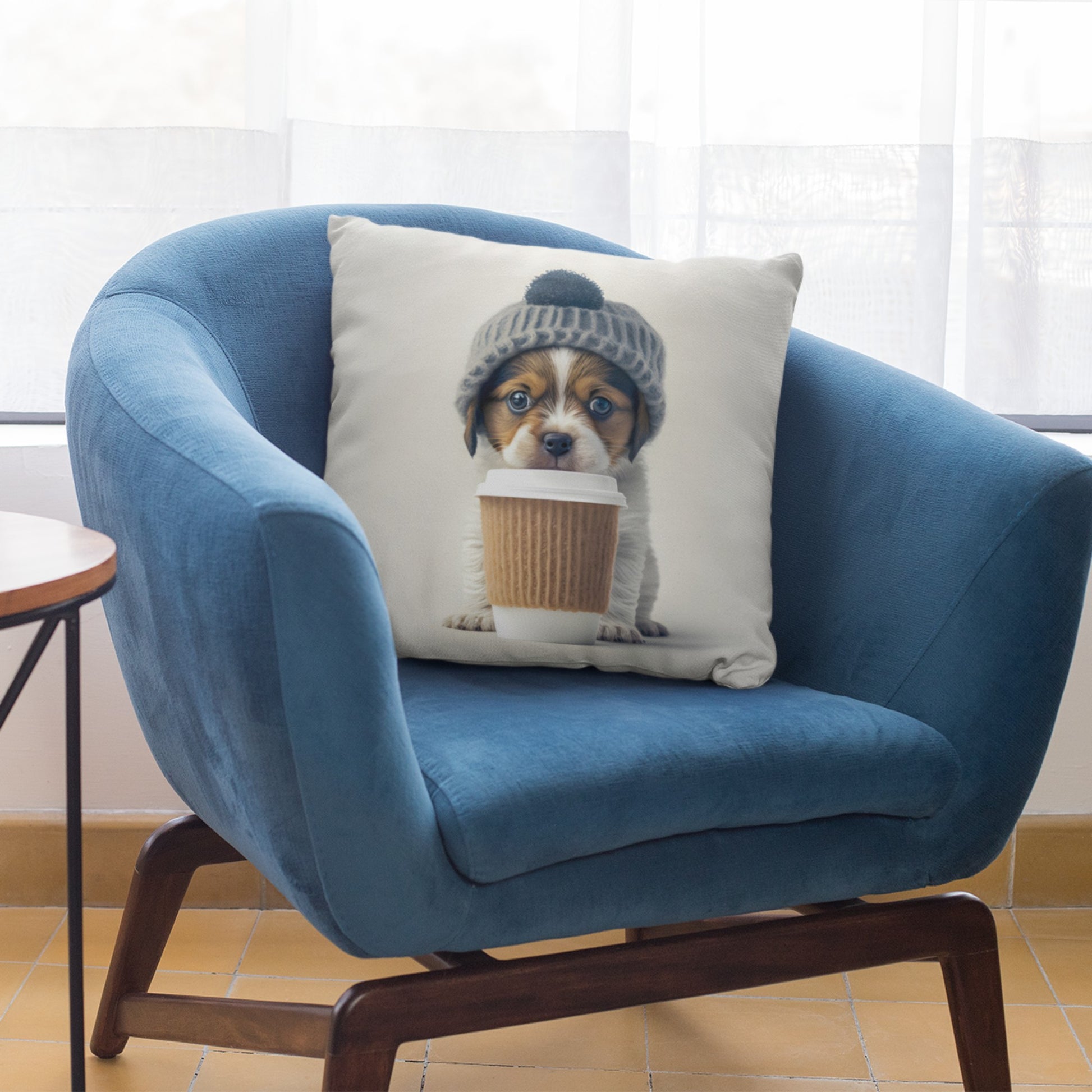 Cozy Pillow with Cute Puppy and Coffee Cup Design