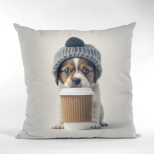 Adorable Puppy Drinking Coffee Winter Throw Pillow Cushion
