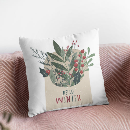 Hello Winter Floral Decorative Throw Pillow Cushion