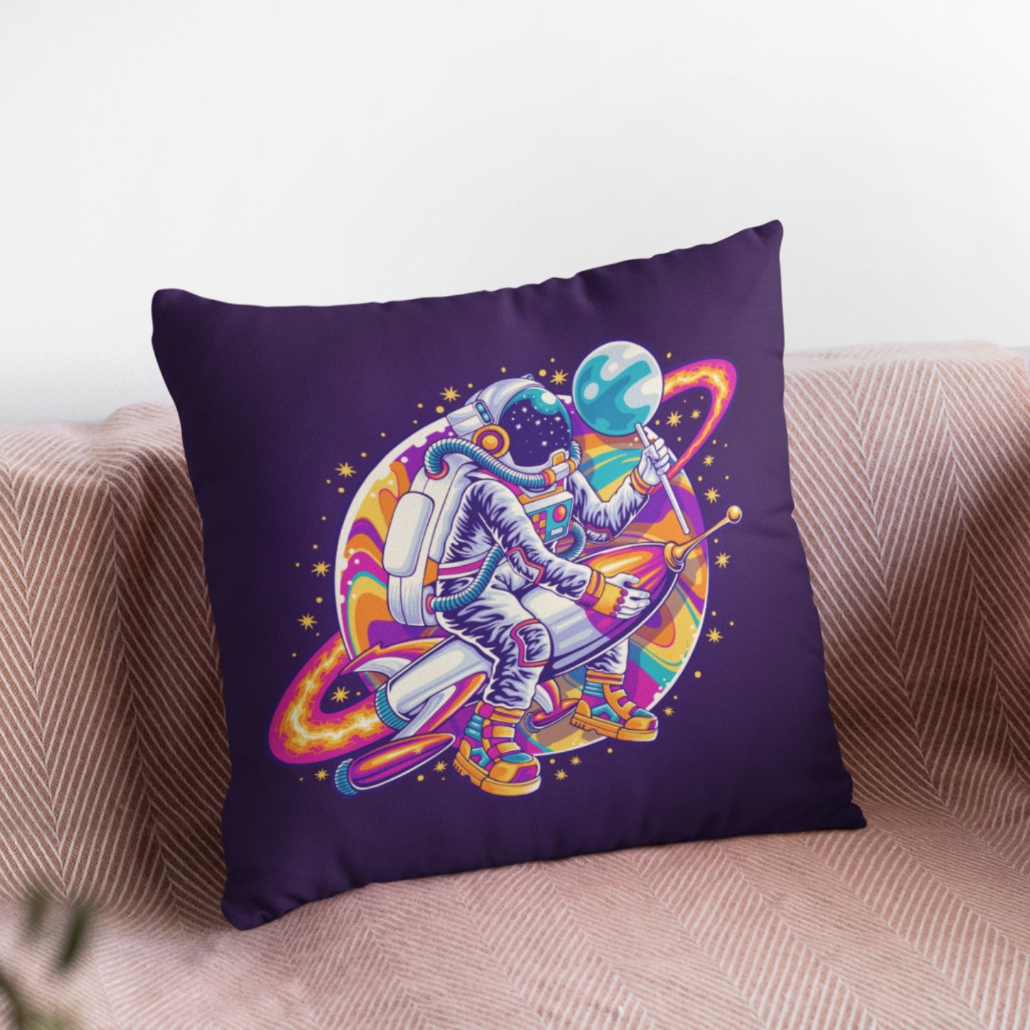 Space Rocket with Lollipop Throw Pillow