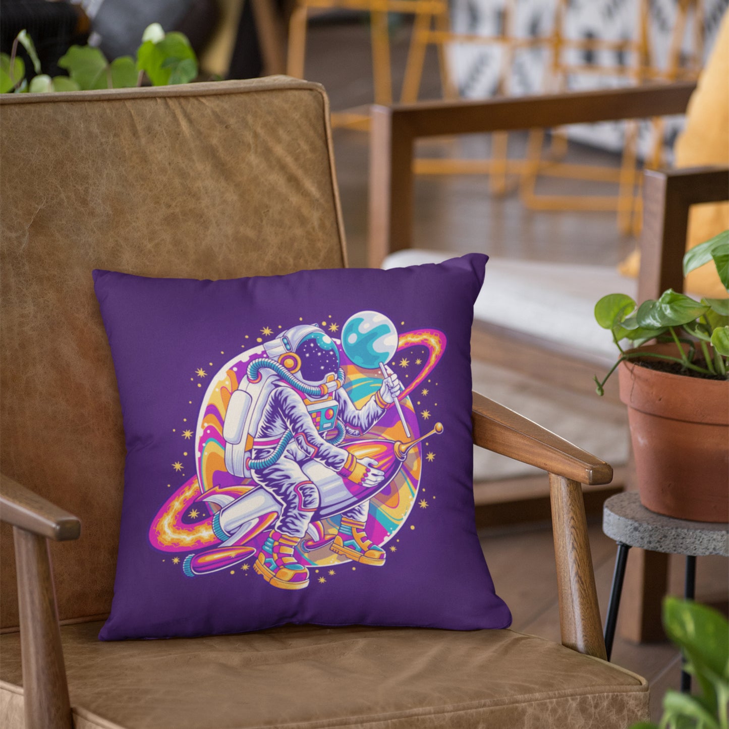 Stylish Printed Throw Pillow with Space Rocket and Lollipop