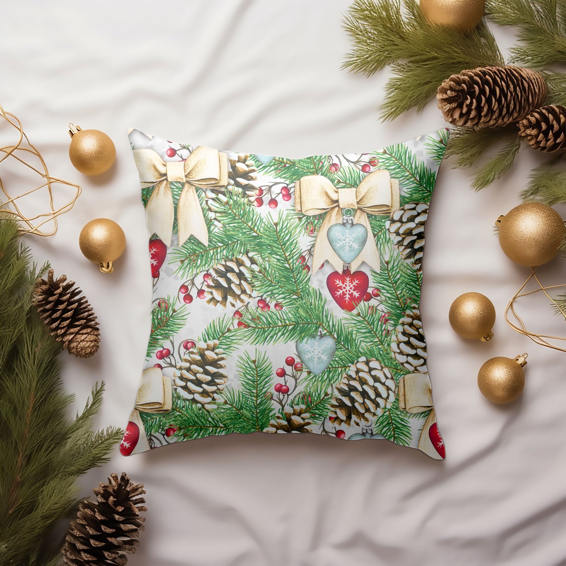Whimsical Green Christmas Illustration on the Pillow