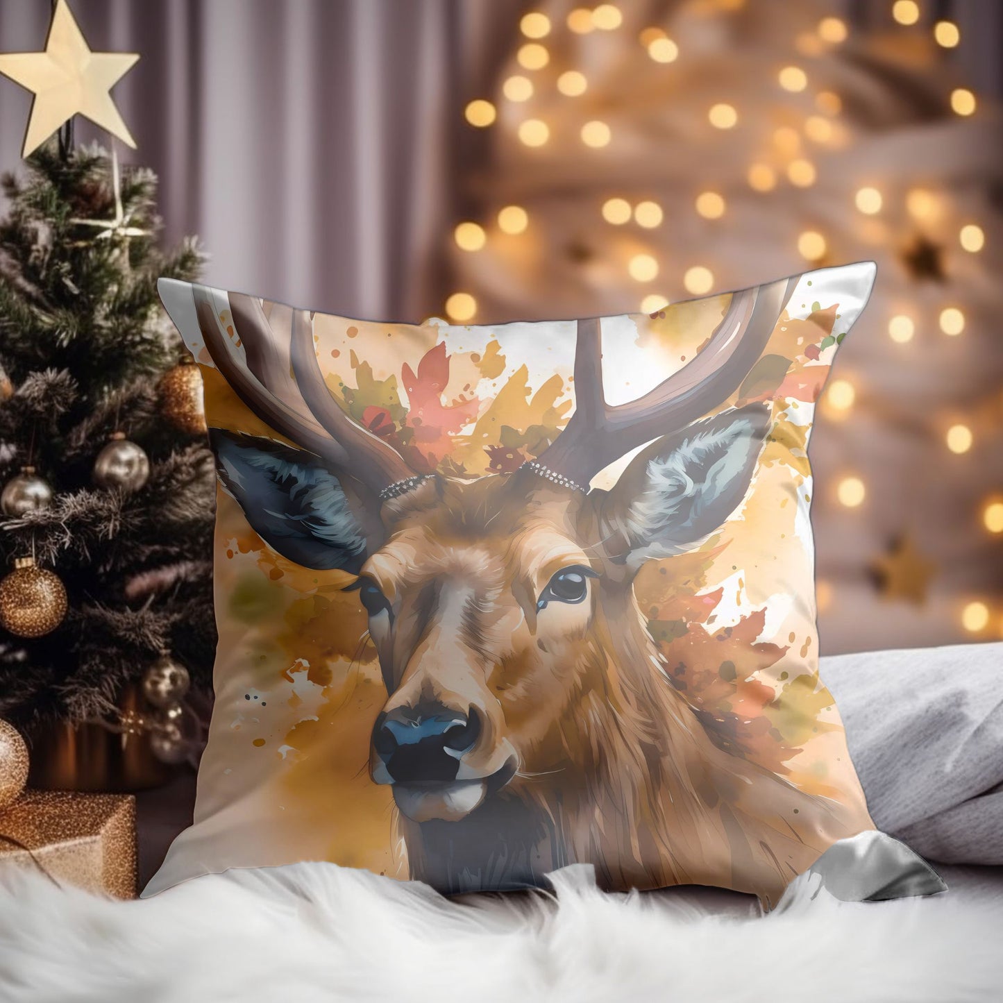 Festive Holiday Decorative Pillow with Reindeer Design