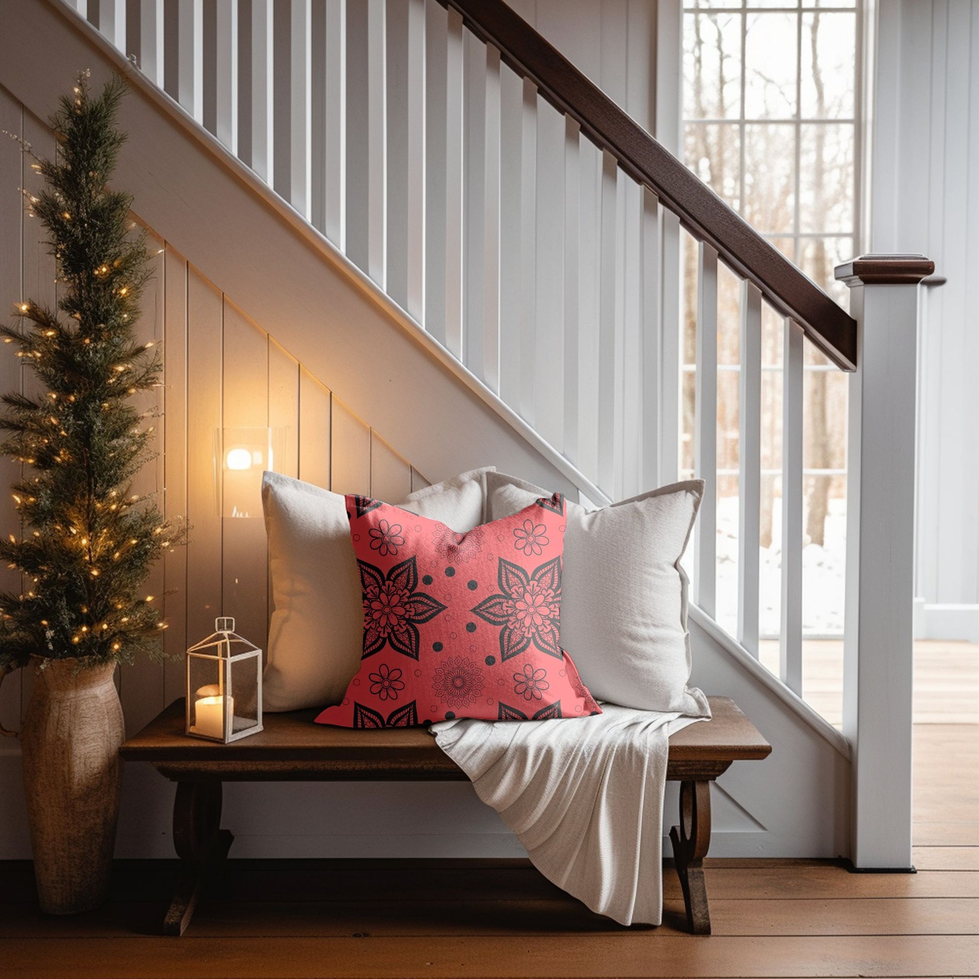 Holiday Joy Red Throw Pillow with Sparkling Ornaments