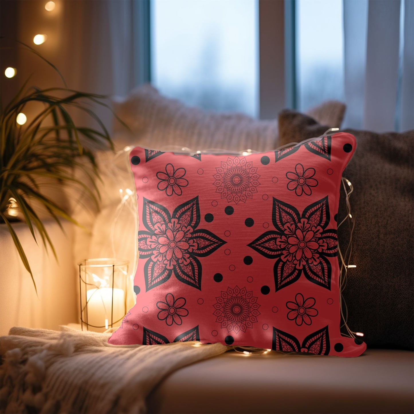 Velvet Red Christmas Pillow with Reindeer Embroidery
