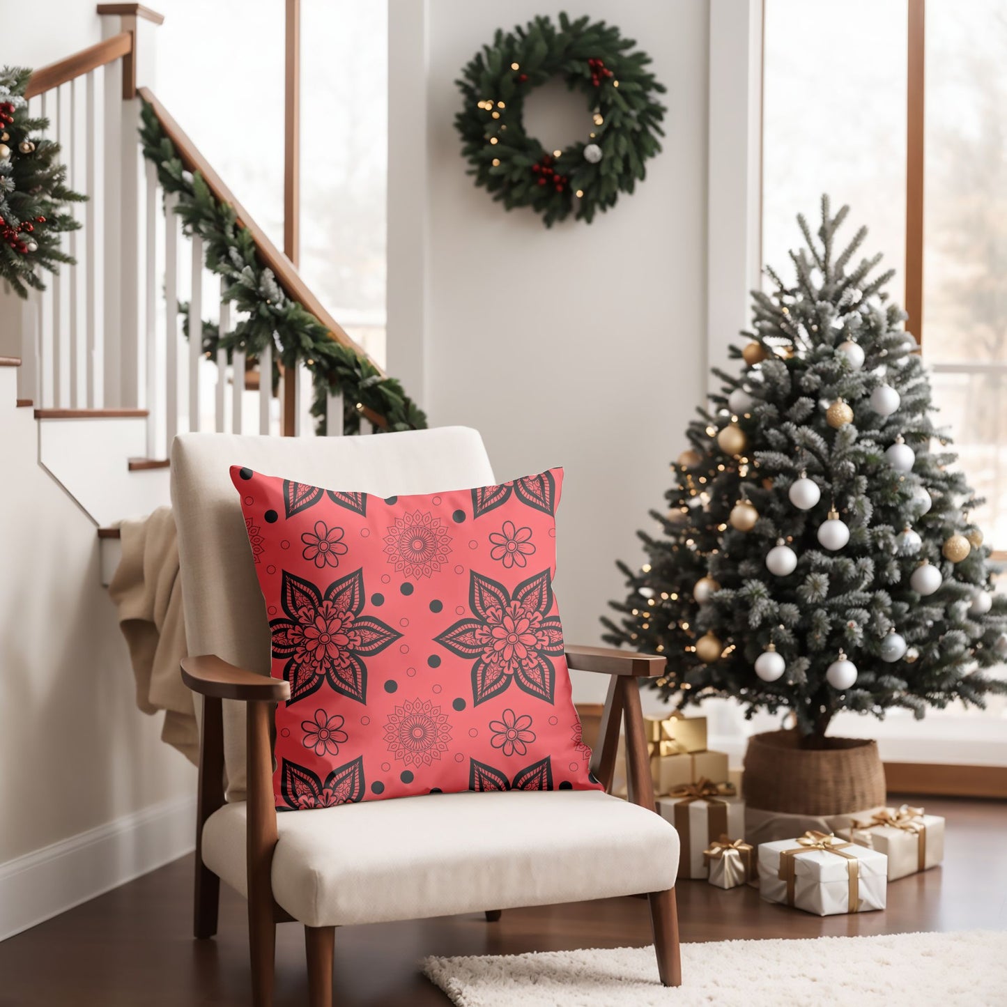 Merry Christmas Red Pillow with Snowy Pine Tree