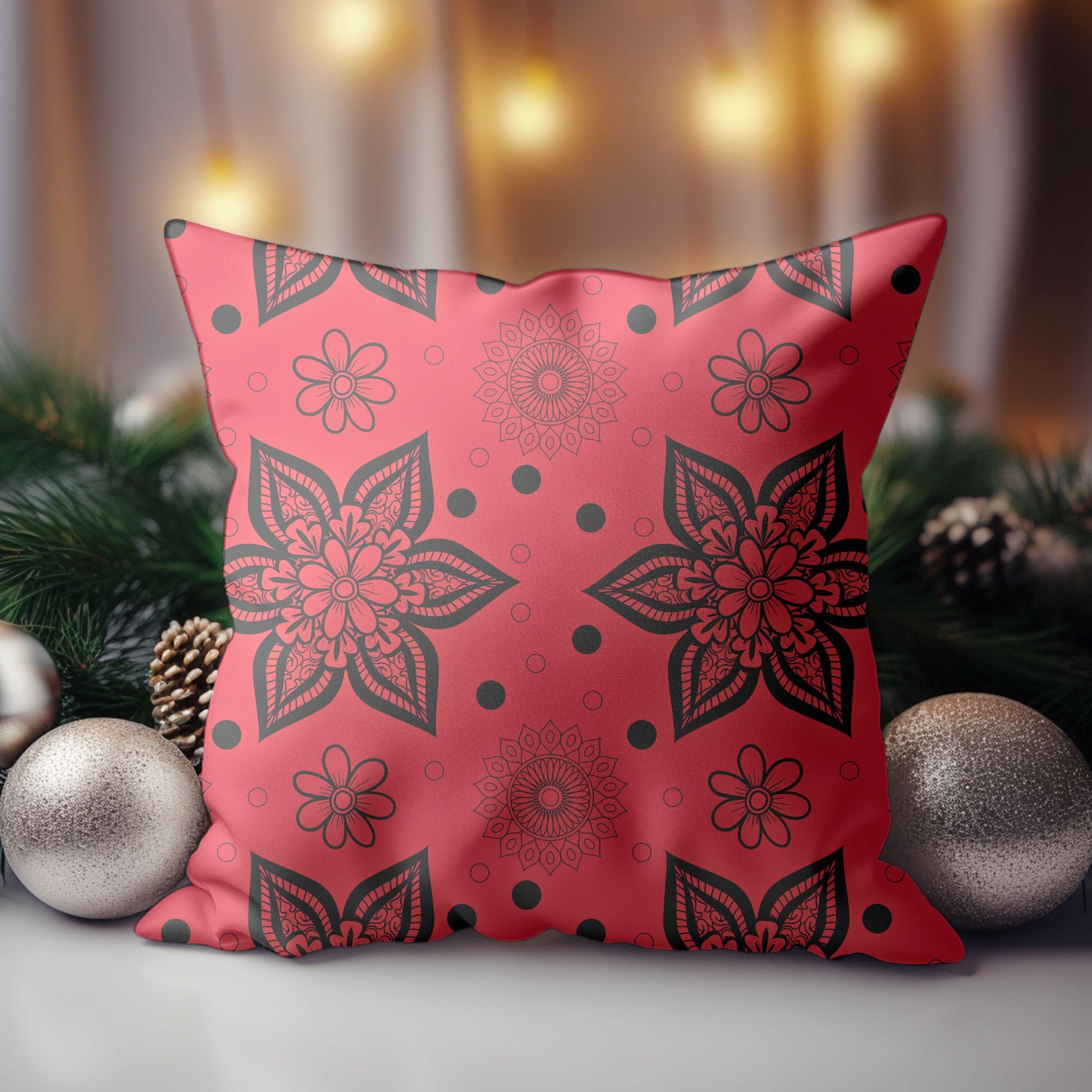 Red Christmas Throw Pillow with Snowflake Design