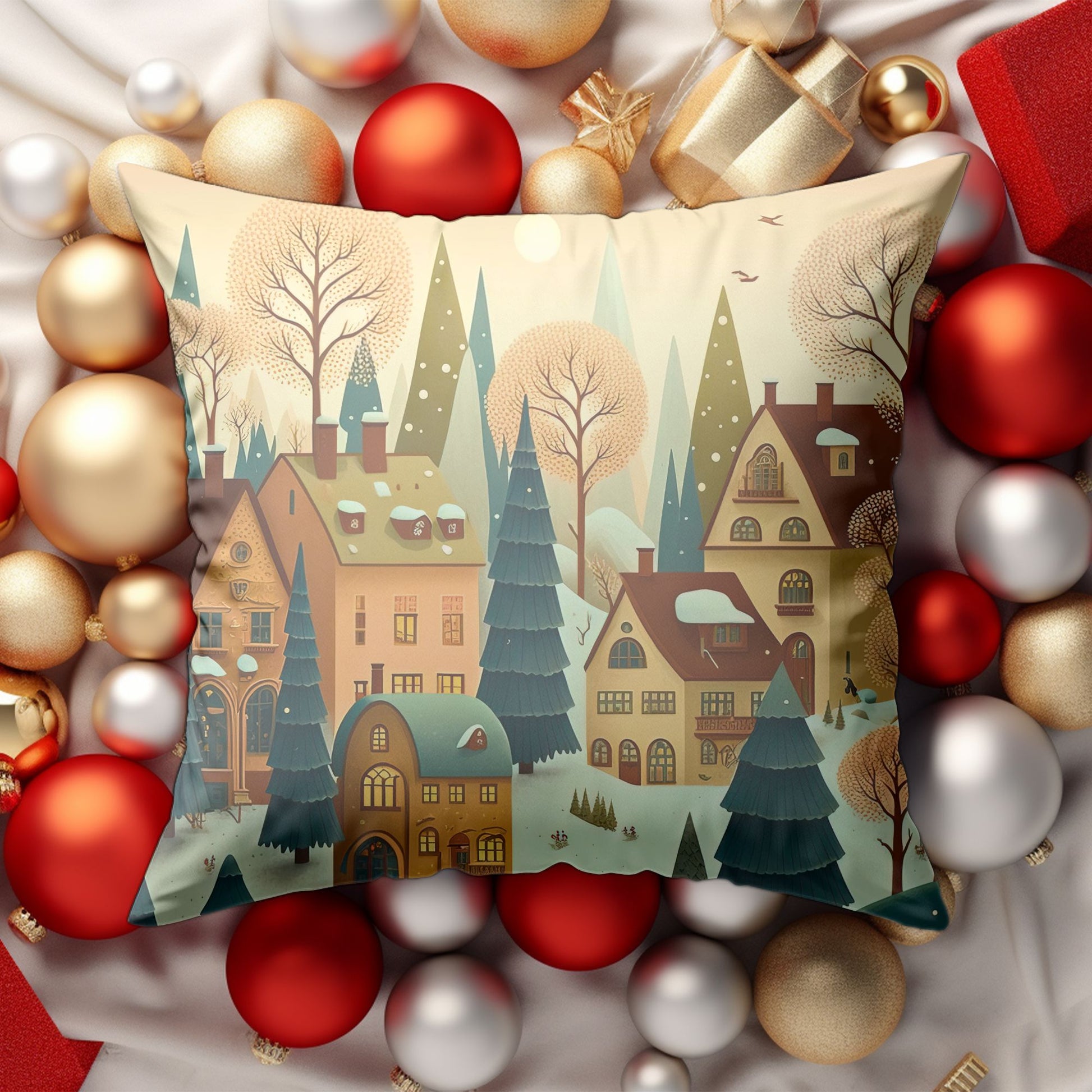 Holiday Decorative Pillow with a Charming Village Design