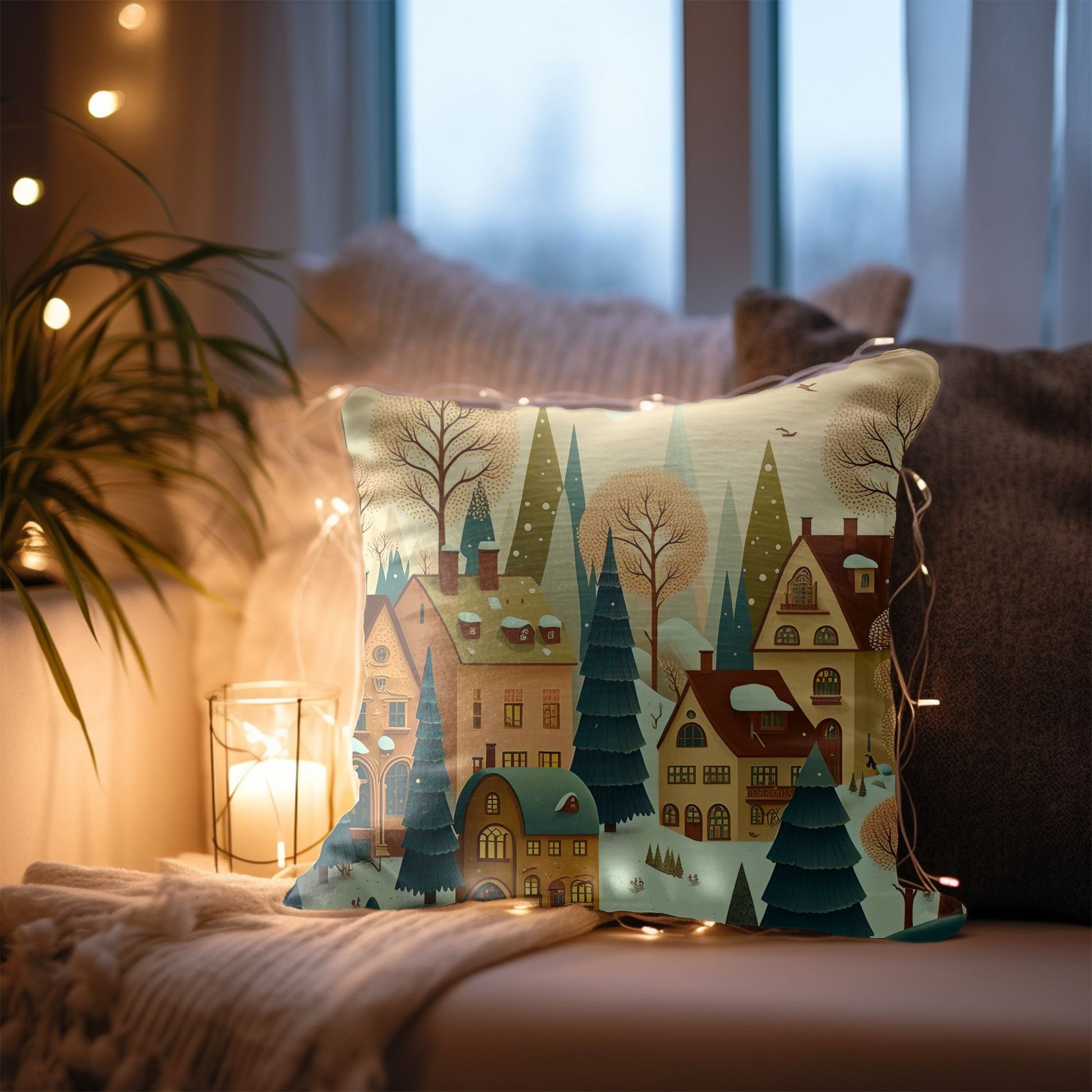 Whimsical Christmas Village Illustration on the Pillow