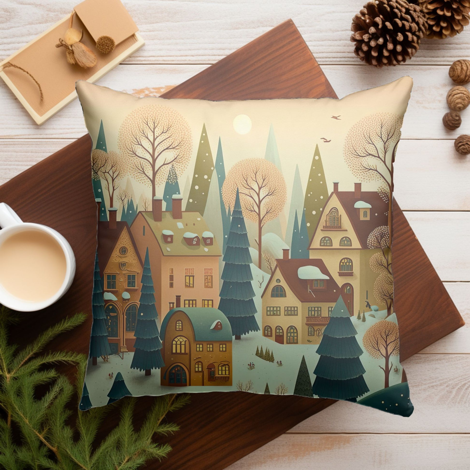 Close-up of the Christmas Village Pattern on the Pillow