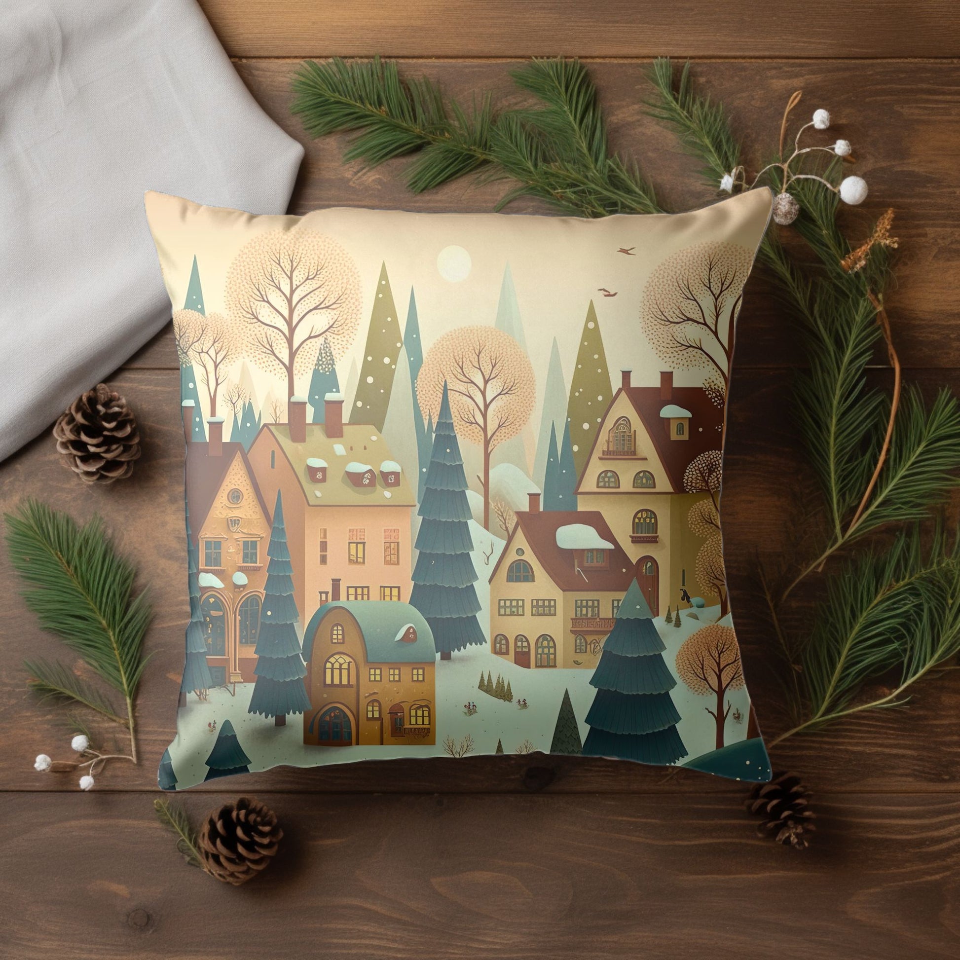 Cozy Living Room Decor with Christmas Village Pillow