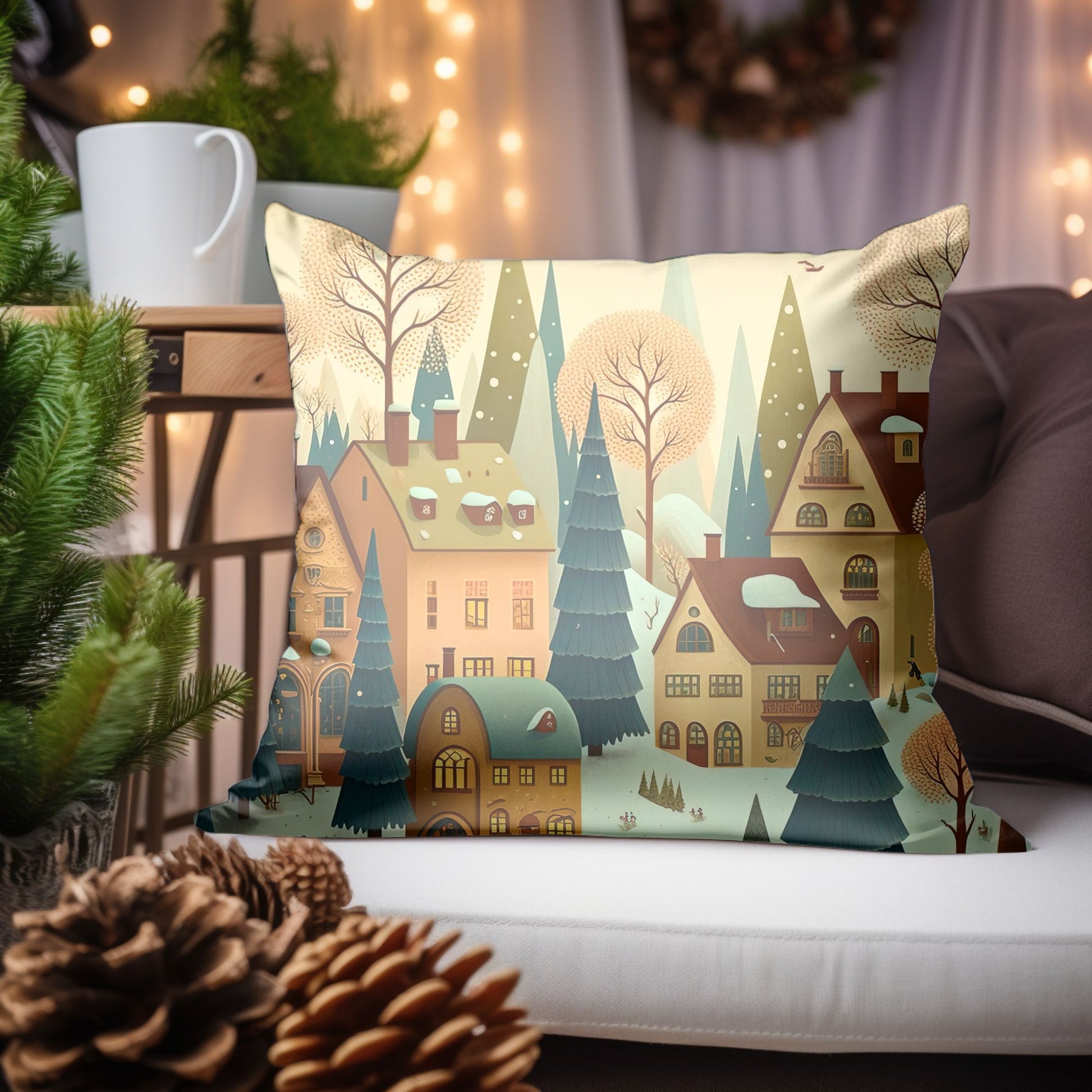 Detail of the Christmas Village Design on the Festive Pillow