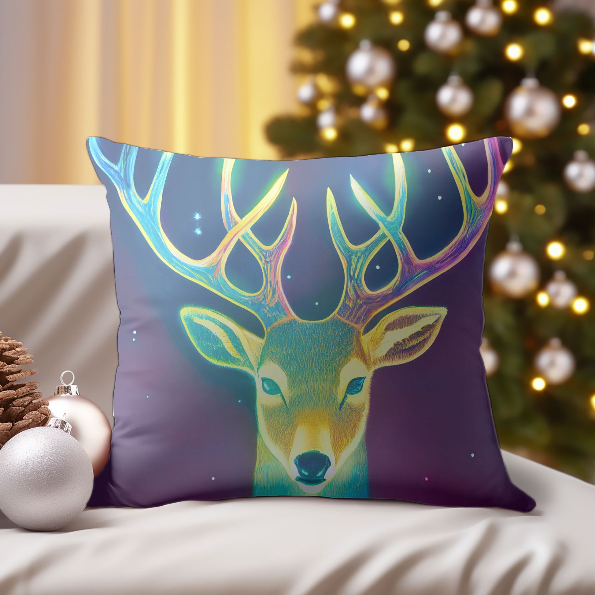 Festive Home Decor: Colorful Reindeer Print Pillow Case