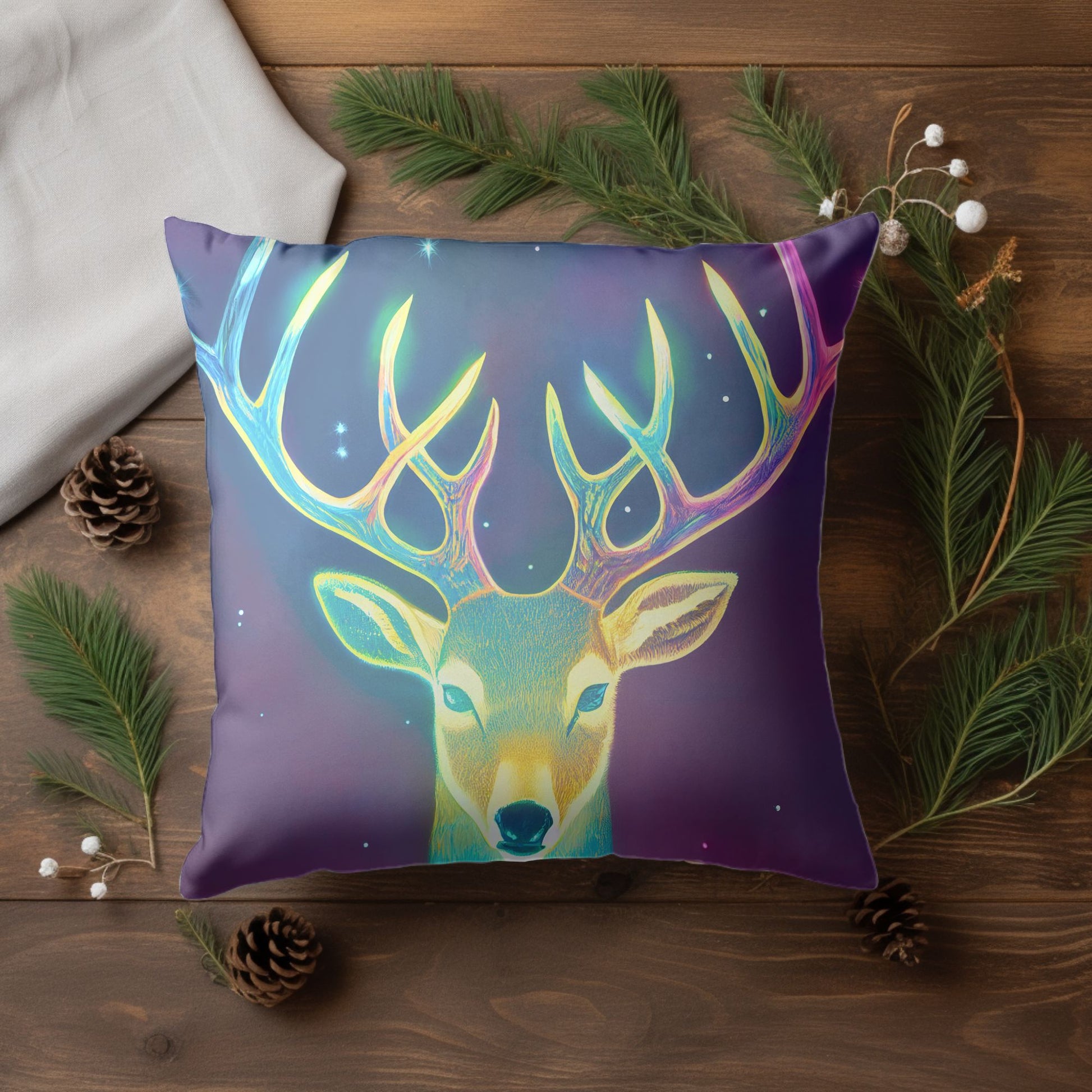 Vibrant Holiday-Themed Pillow Cover with Reindeer Design