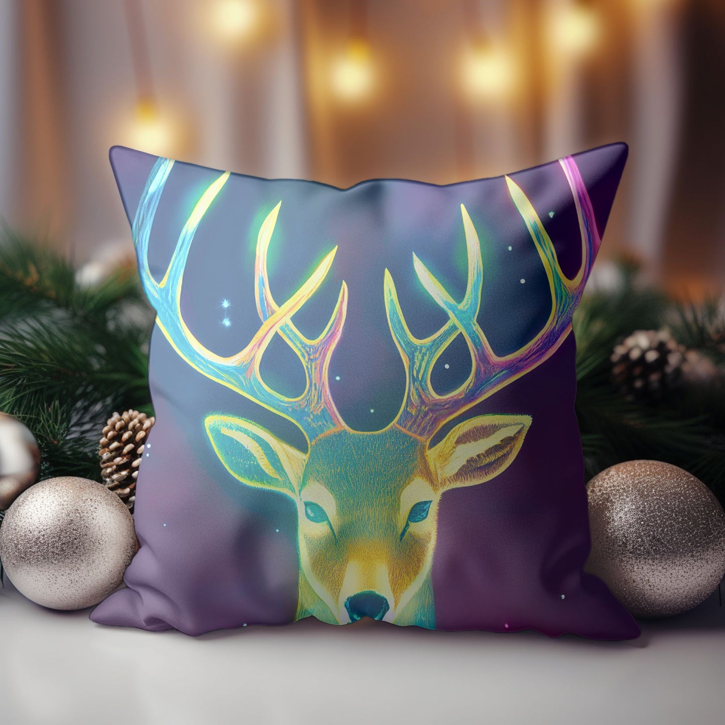 Close-up of Festive Reindeer Pattern Pillow Case