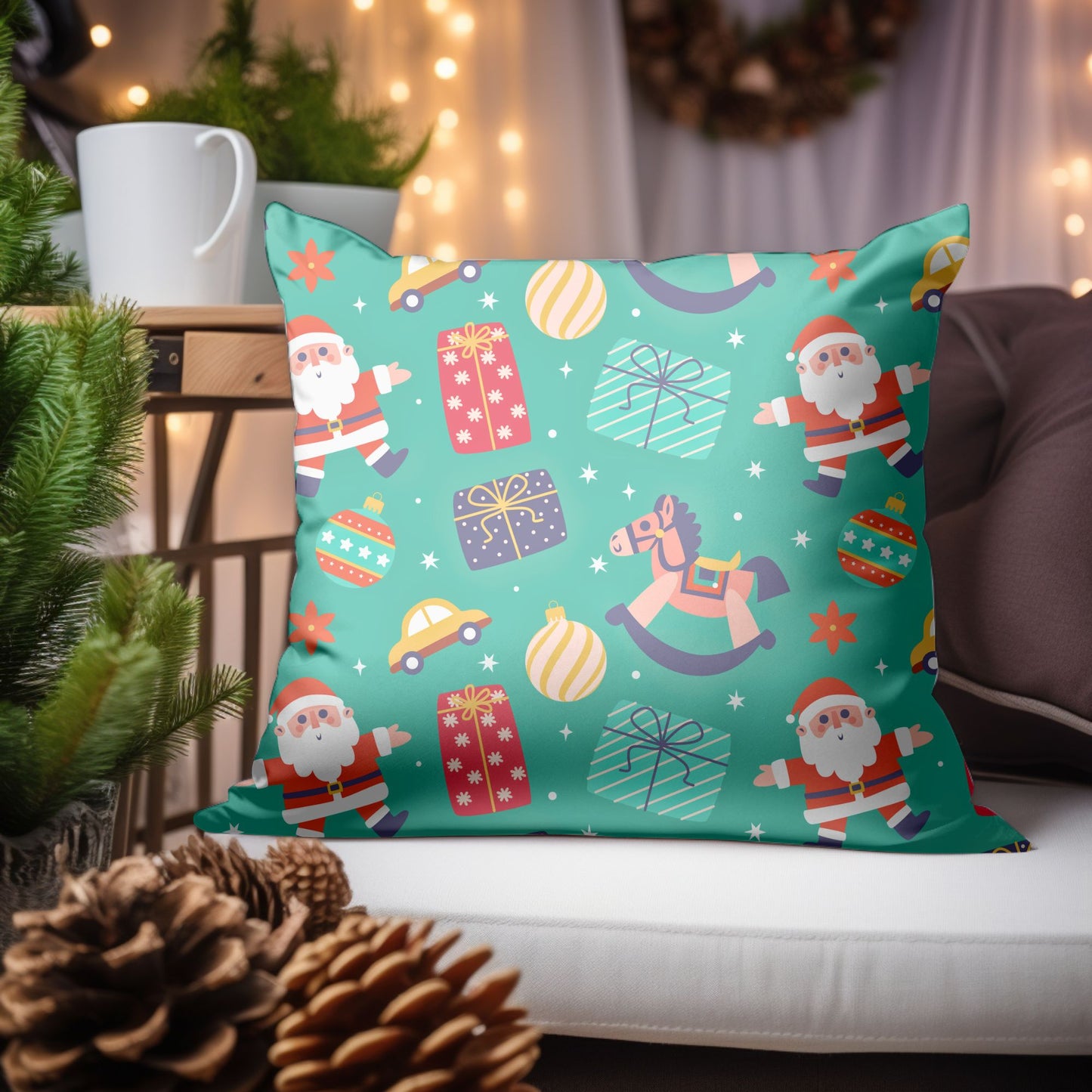 Holiday-Themed Pillow with Child-Friendly Christmas Design