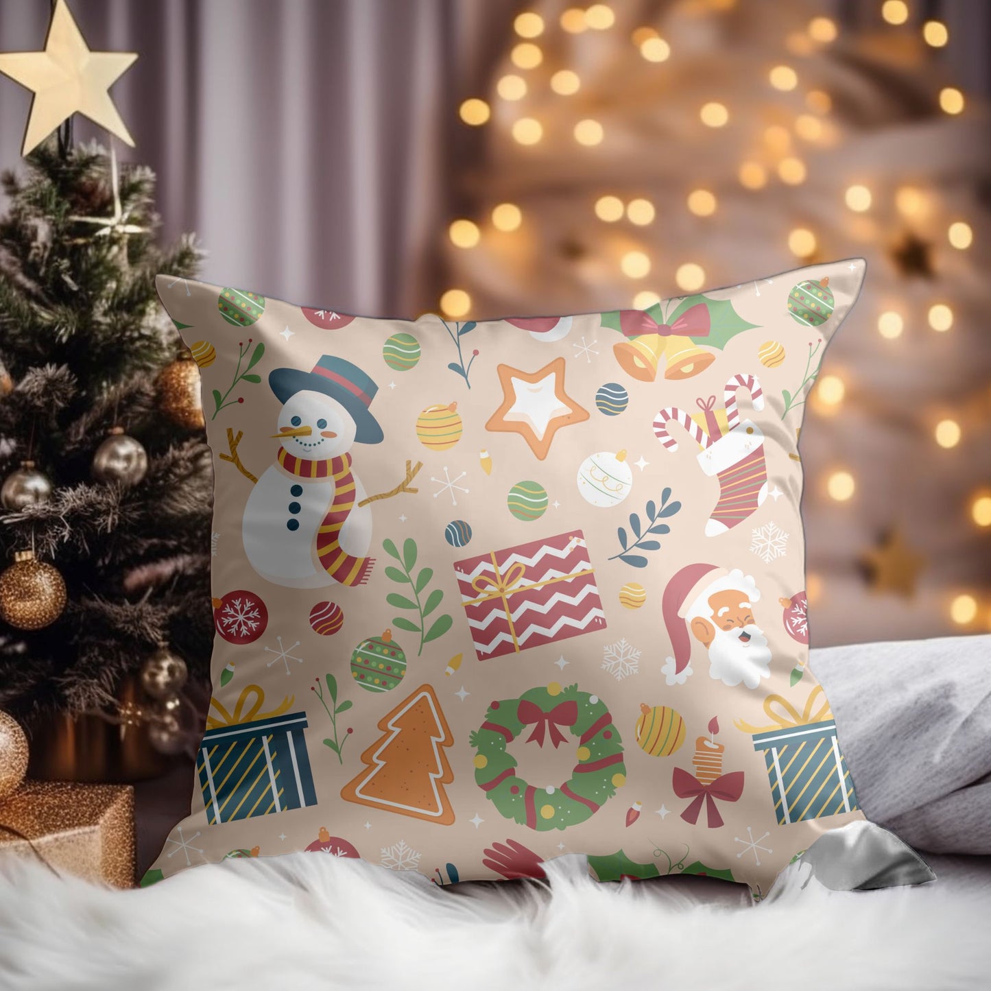 Christmas-Themed Decorative Pillow with Traditional Plaid