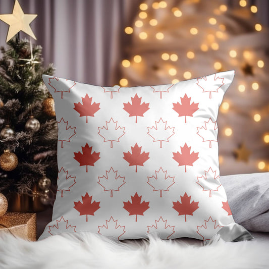 A Cozy Living Room with the Canadian Flag Christmas Throw Pillow