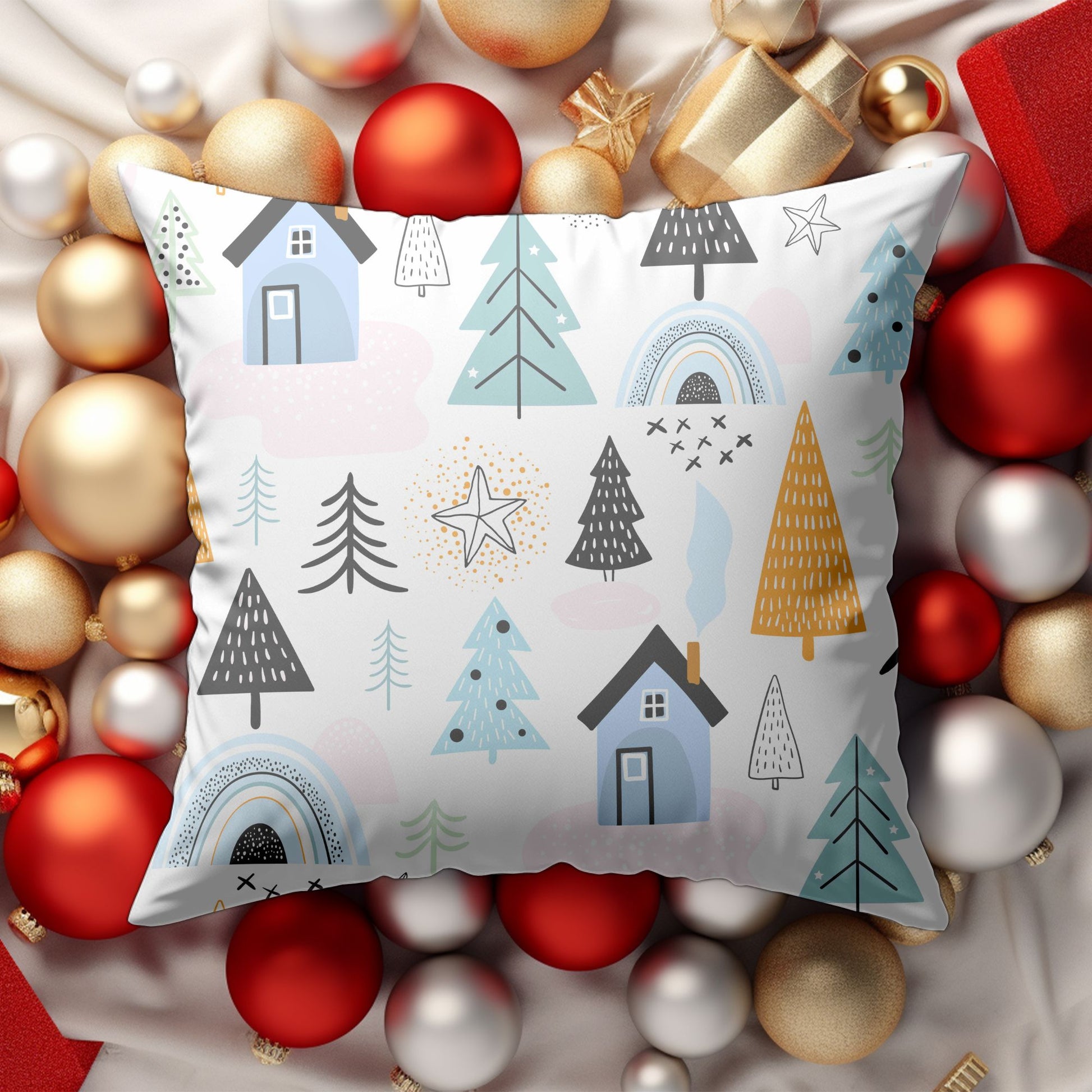 Holiday Decorative Pillow with Cabin in Winter Scenery