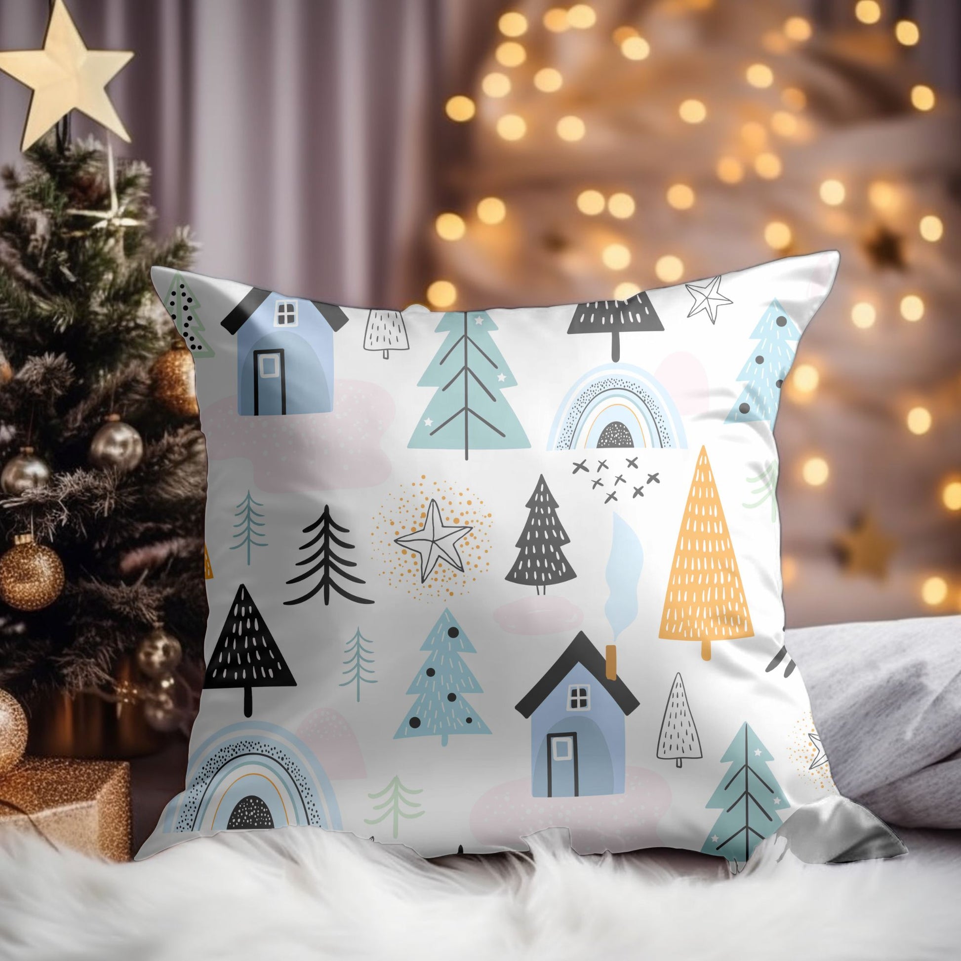 Rustic Christmas Decor Pillow with Cabin Design
