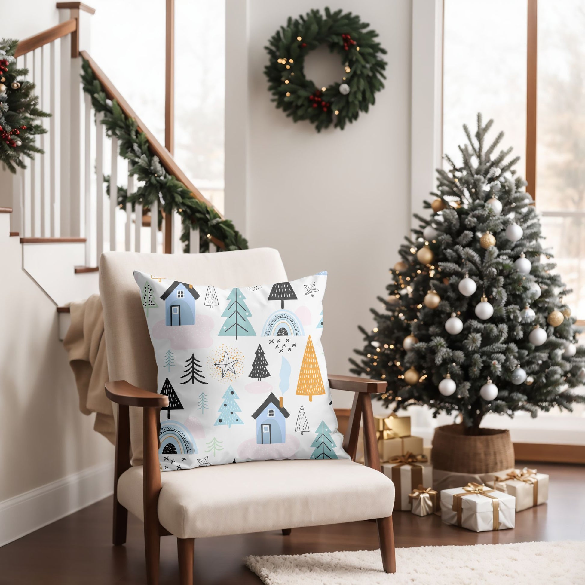 Cabin in Snowy Forest Christmas Pillow for Rustic Decor