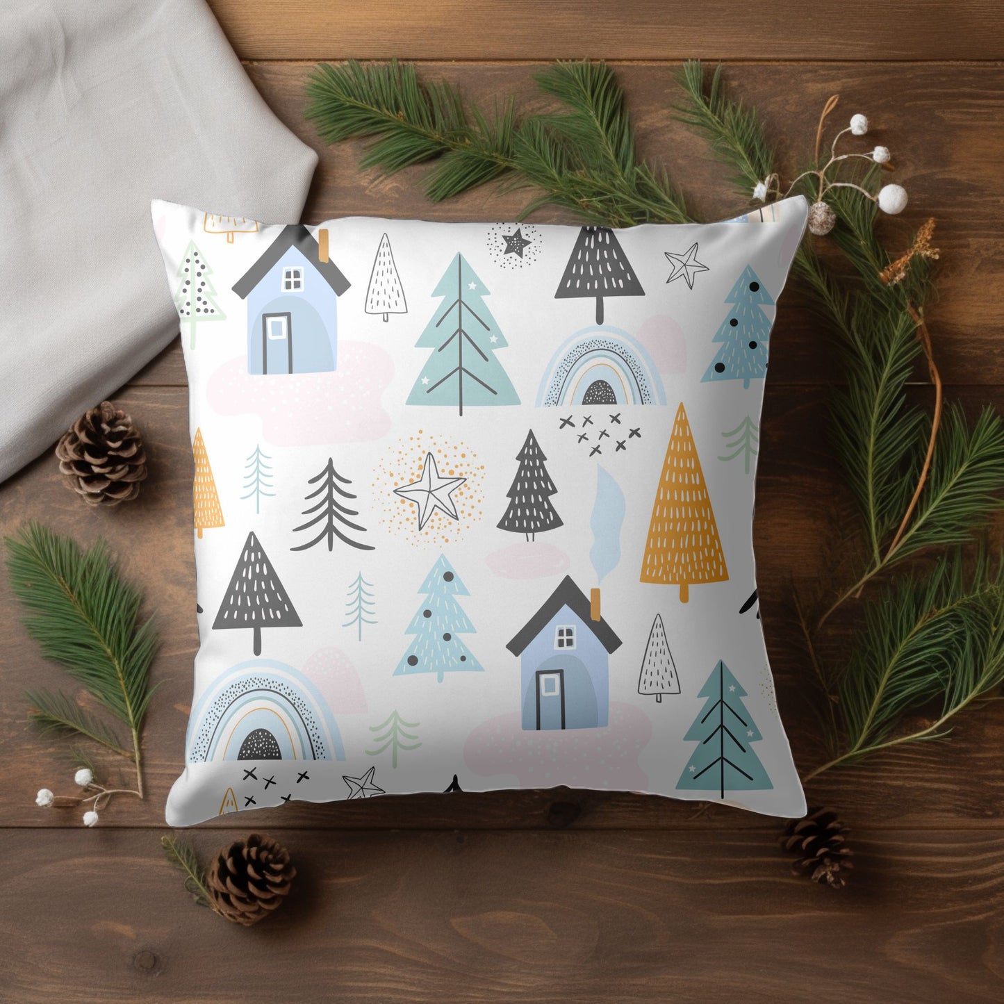 Detailed Close-up of Festive Cozy Cabin Christmas Cushion