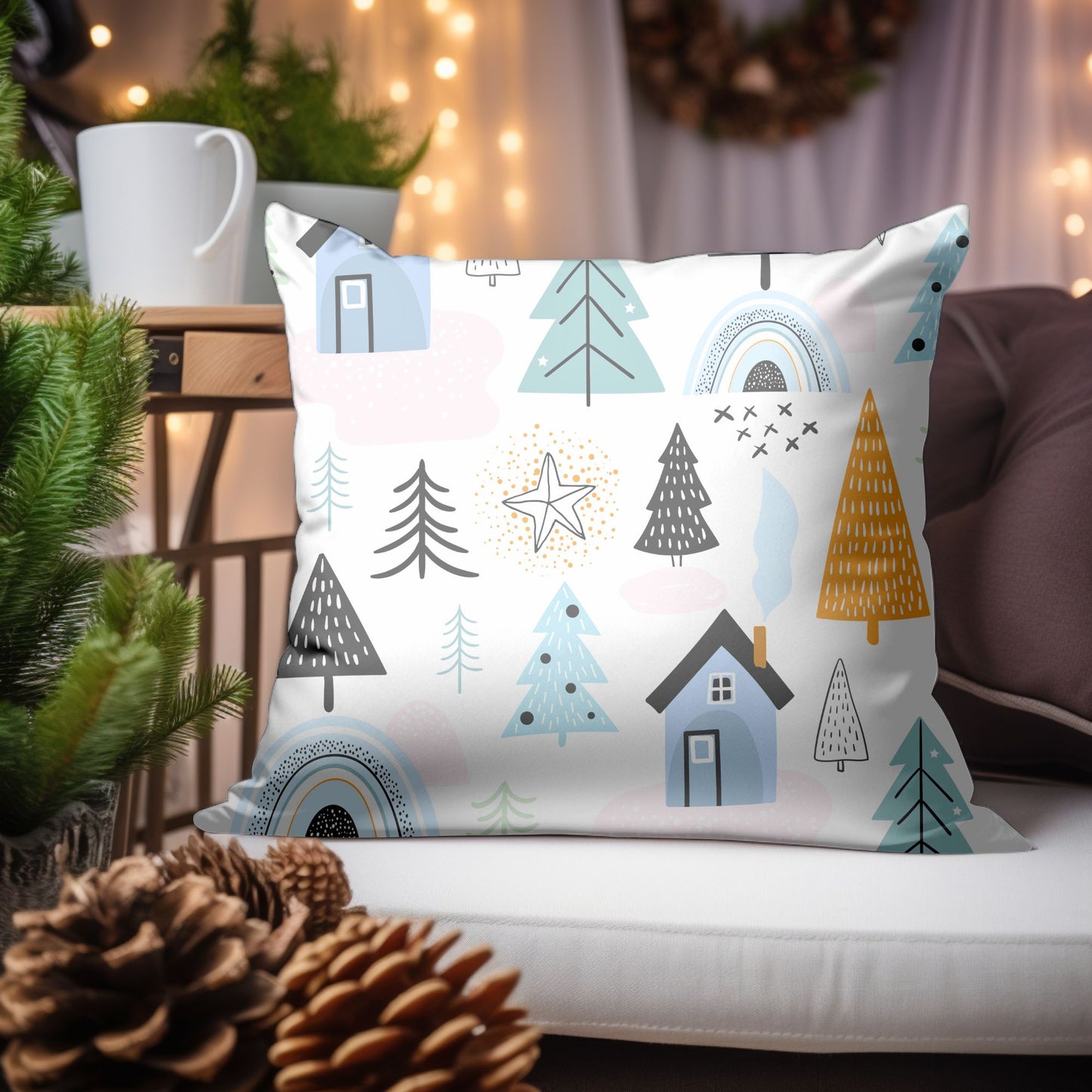 Rustic Holiday-Themed Pillow with Cozy Cabin Design