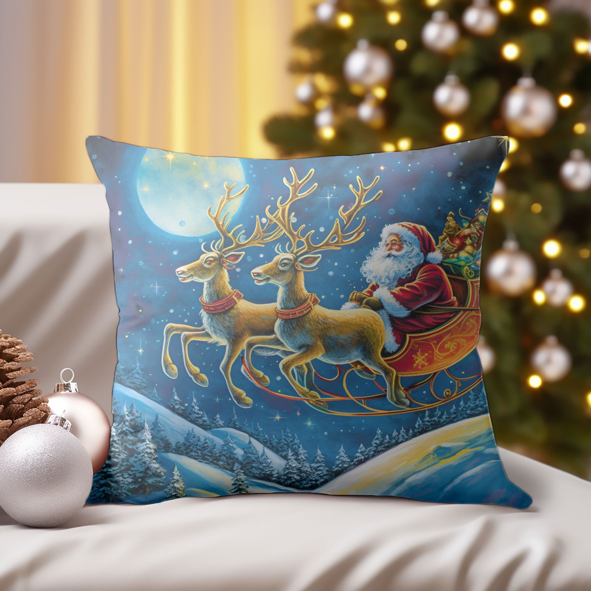 Holiday Decorative Pillow with Santa and Reindeer Design