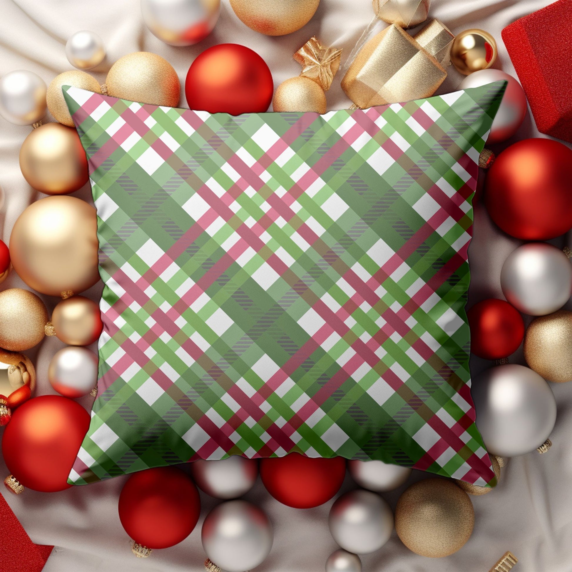 Close-up of Green Plaid Christmas Throw Pillow