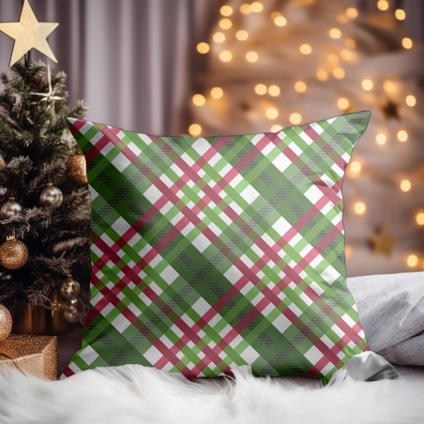 Detailed Close-up of Festive Green Plaid Throw Pillow