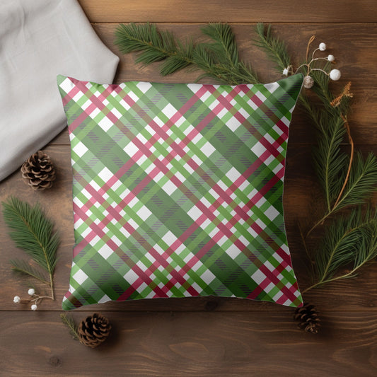 Green Plaid Christmas Throw Pillow - Front View