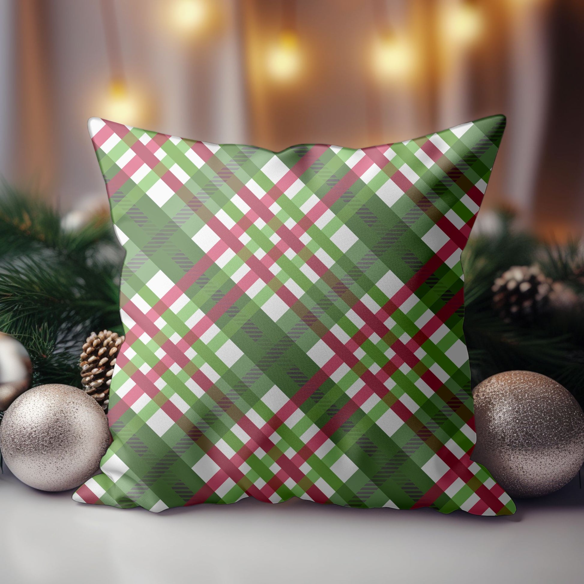 Christmas-Themed Decorative Pillow with Traditional Plaid