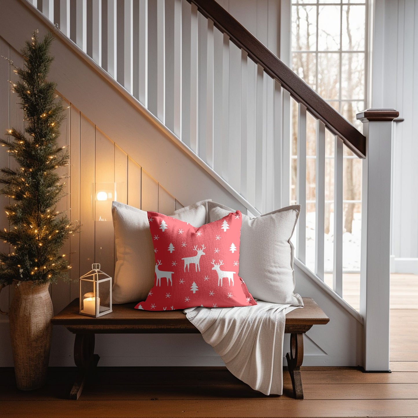 Whimsical Red Christmas Illustration on the Pillow