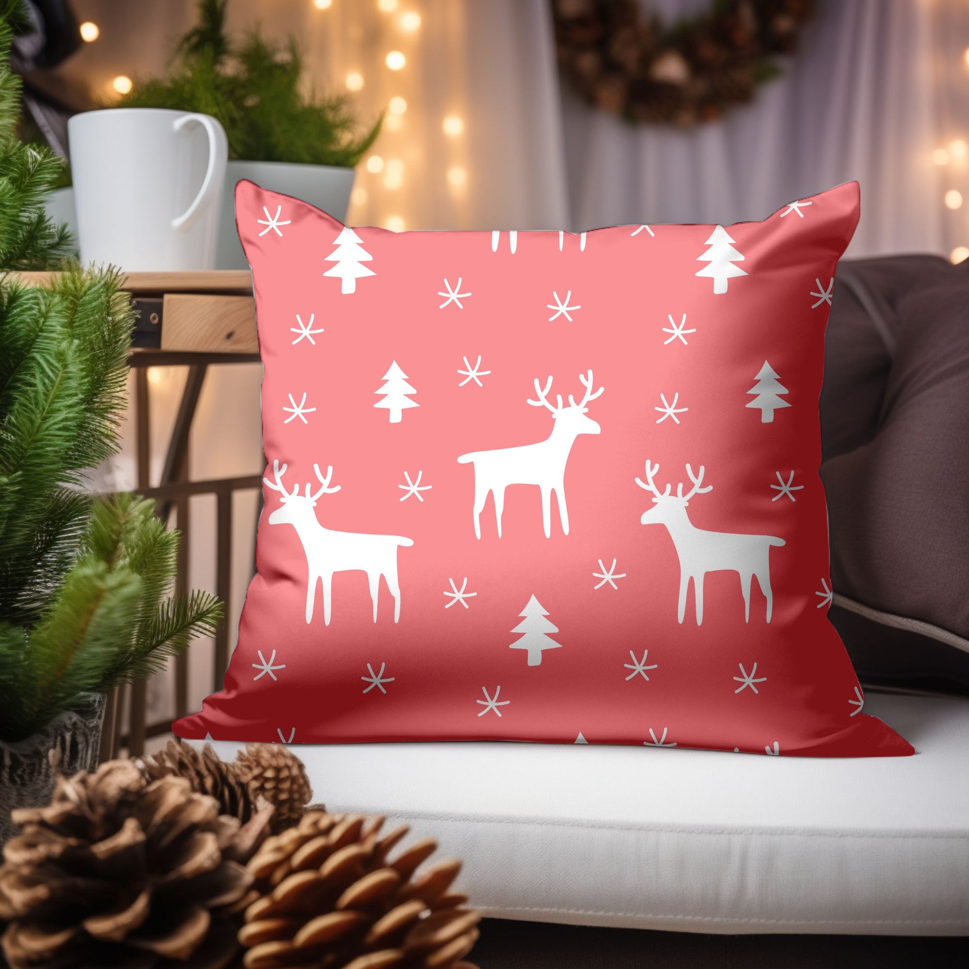 Detail of the Red Christmas Design on the Festive Pillow