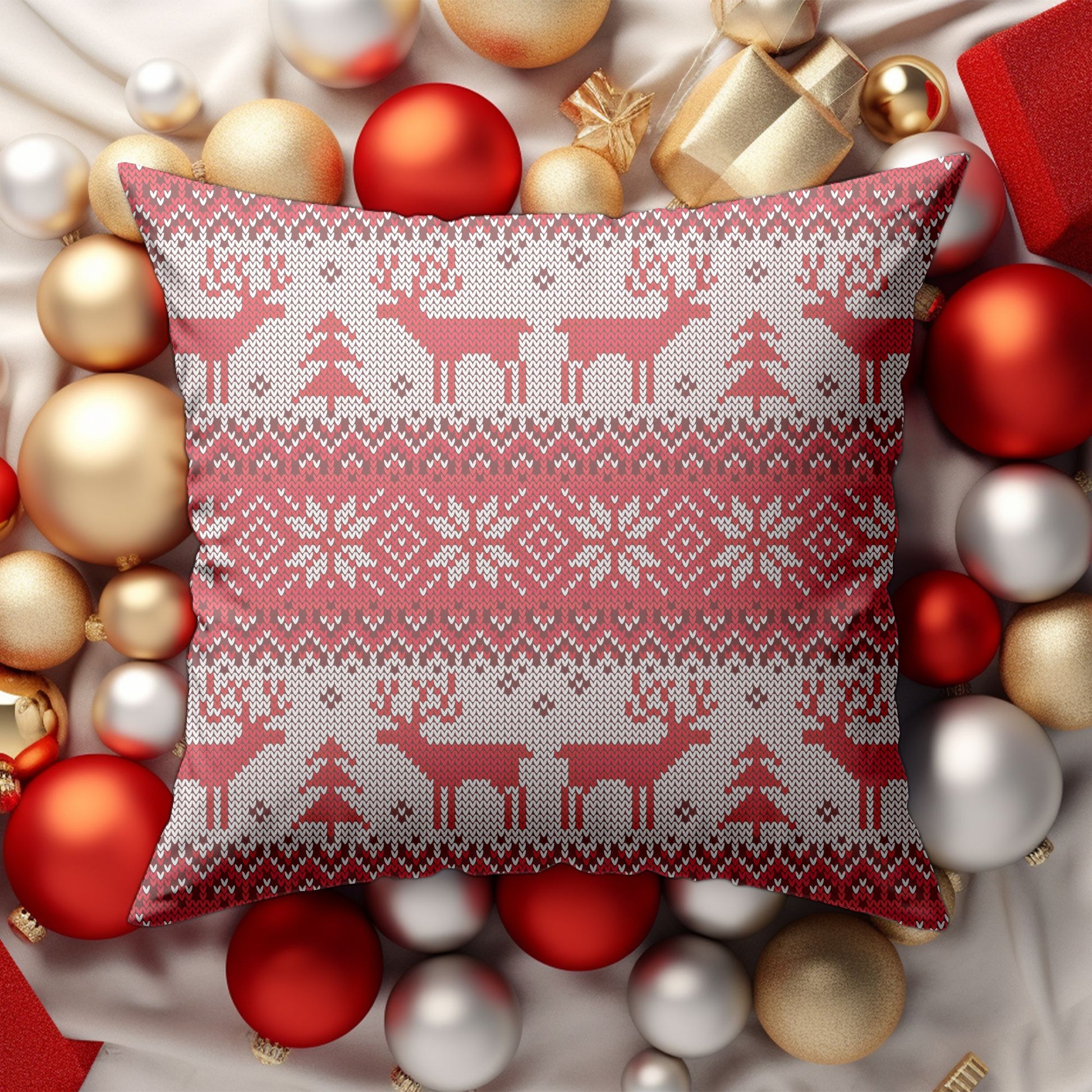 Decorative Cushion Featuring Red Reindeer Pattern