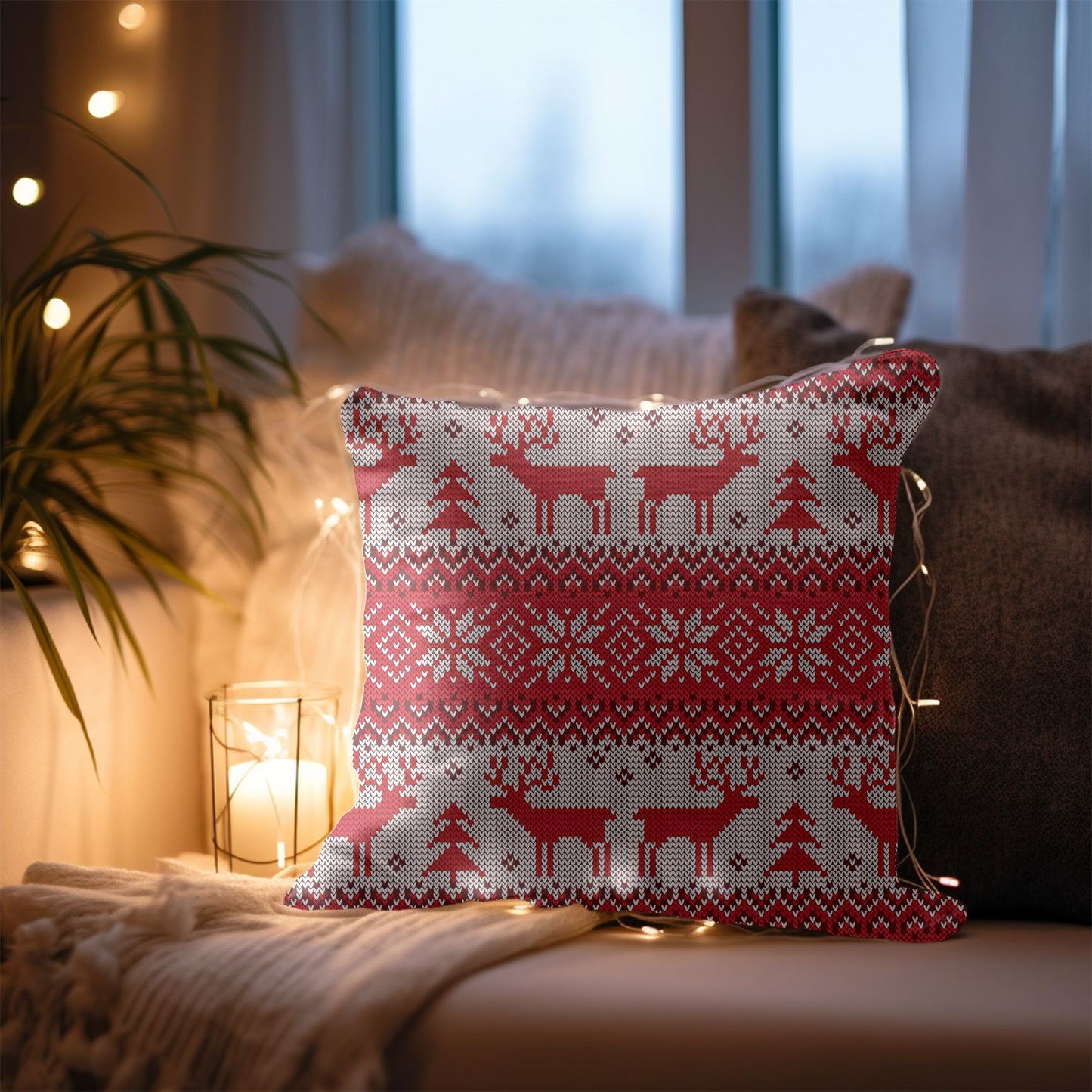 Adorable Red Reindeer-Themed Cushion Cover