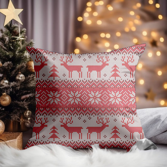 Red Reindeer Pattern Throw Pillow - Front View