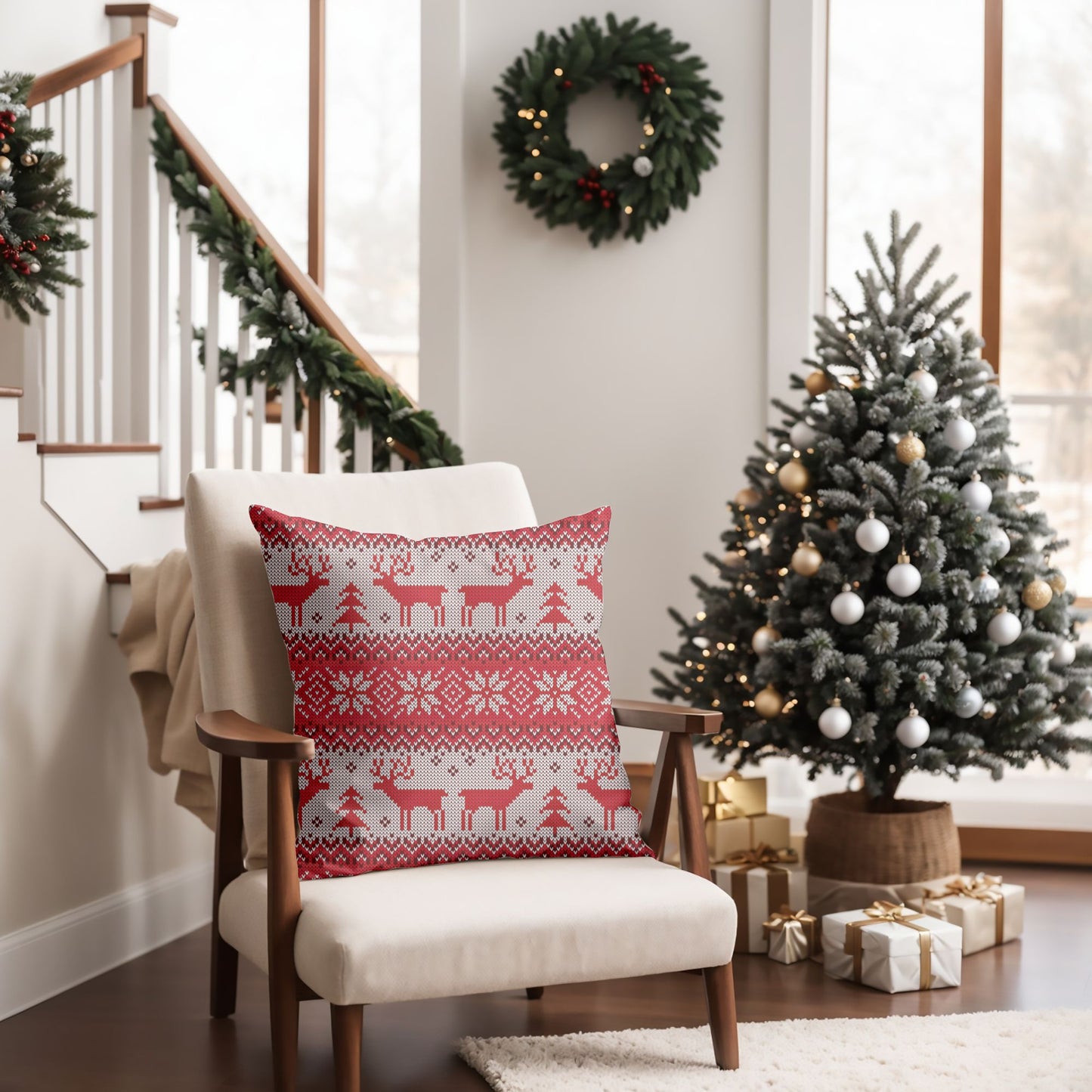 Detailed Close-up of Festive Red Reindeer Pattern Cushion