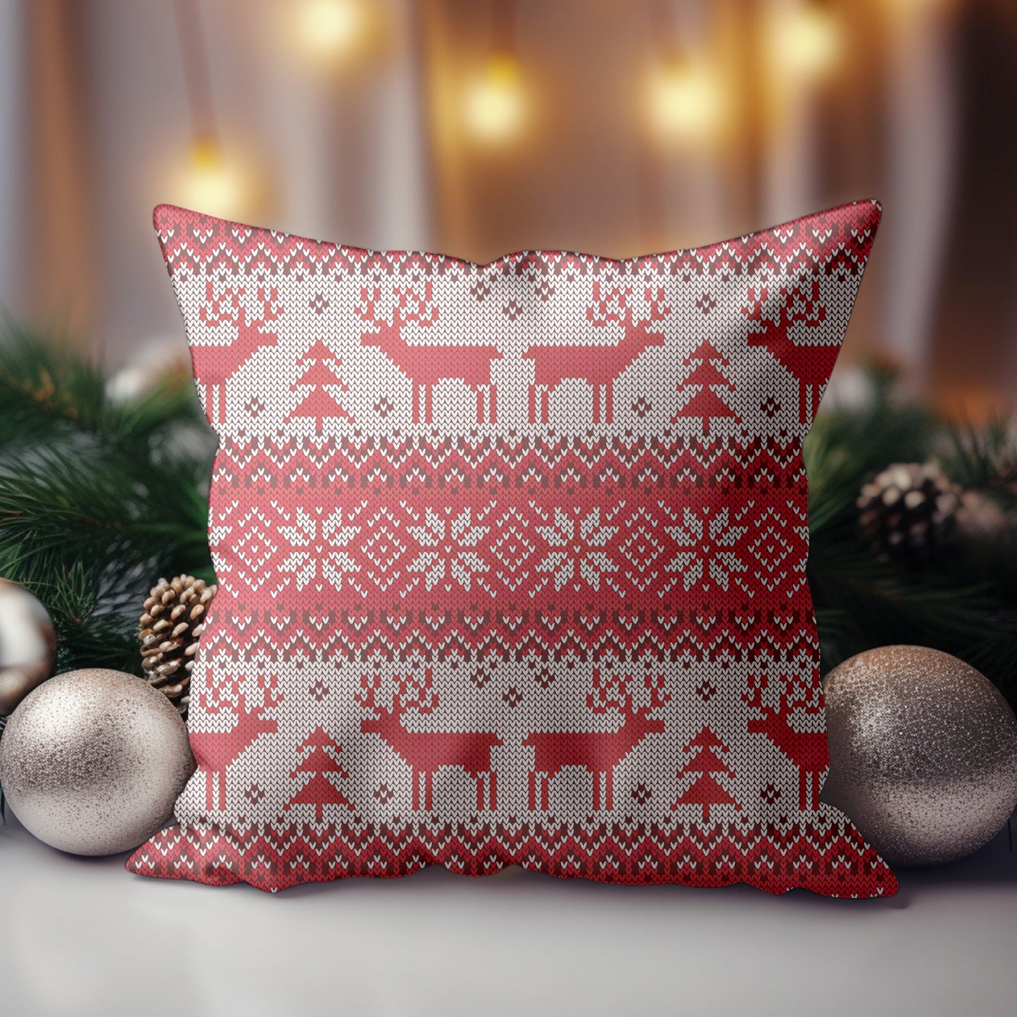 Festive Christmas Pillow with Red Reindeer Design