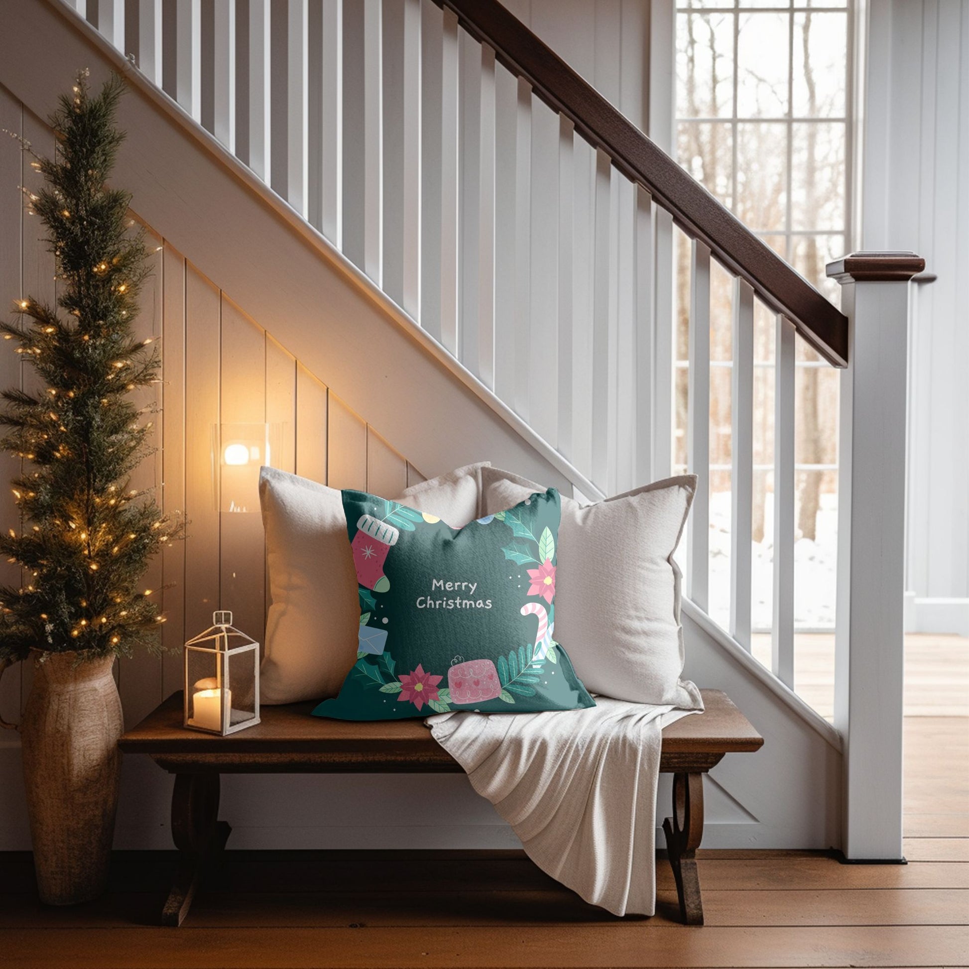 Close-up of the festive 'Merry Christmas Home Welcome' pillow