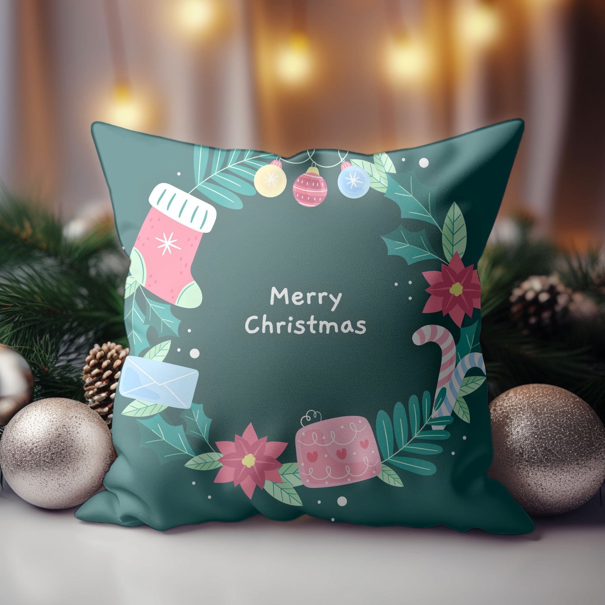 Decorative holiday pillow with a welcoming message