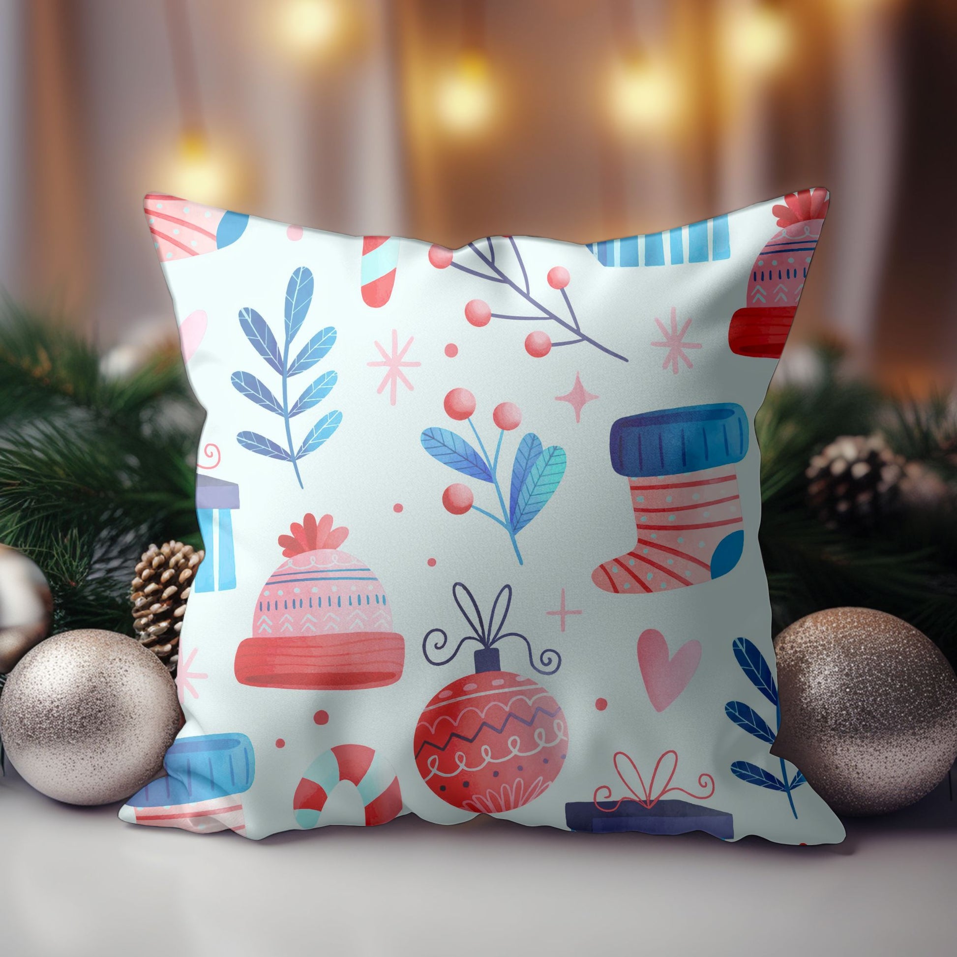 Festive Holiday Pillow with Winter-Themed Design