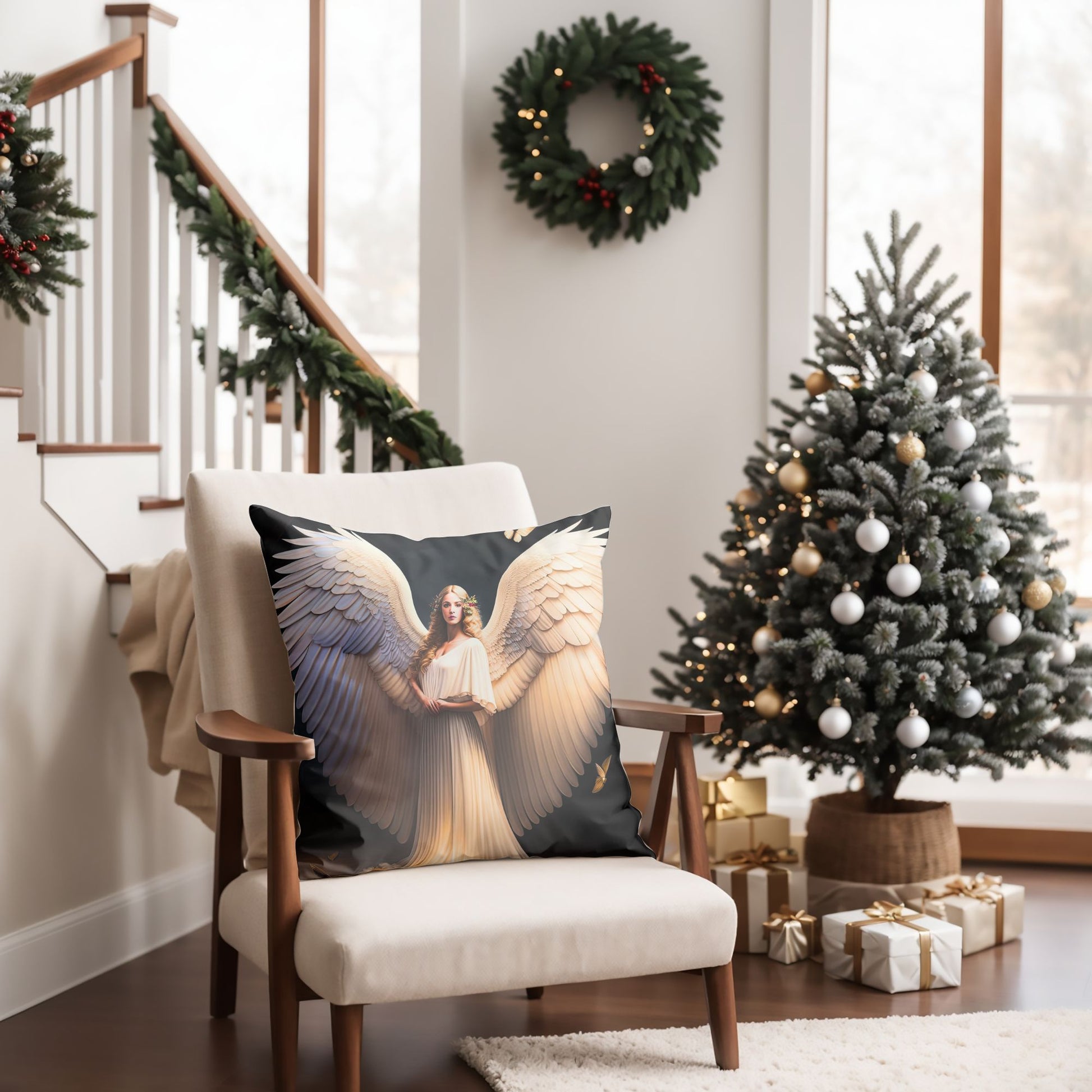 Detailed Close-up of Festive Angelic Christmas Pillow