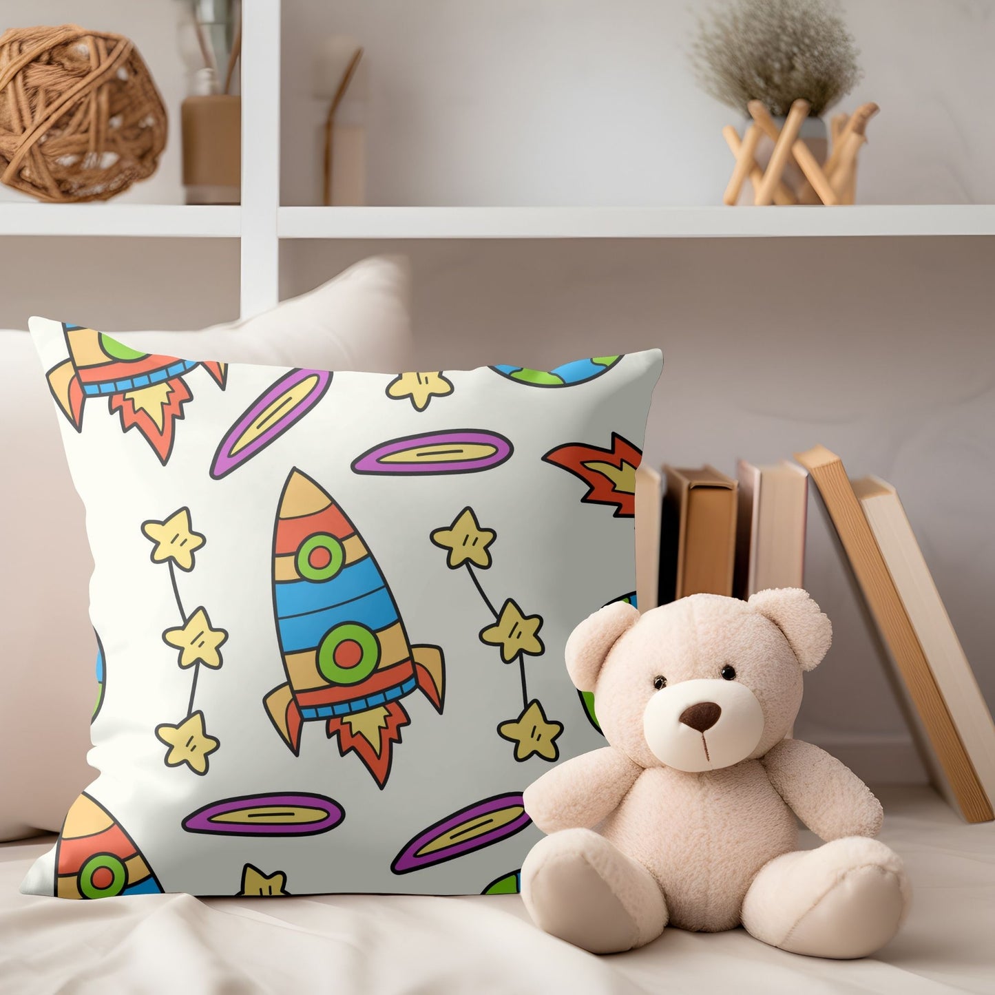 Space-themed kids pillow with rockets and stars for adventurous dreams.