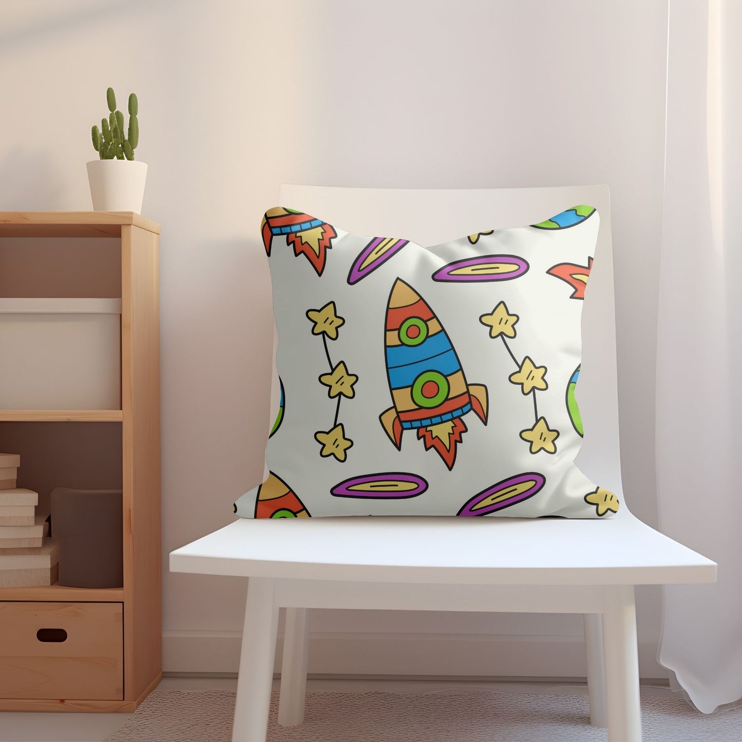Rocket ship pillow perfect for young space explorers to cuddle with.