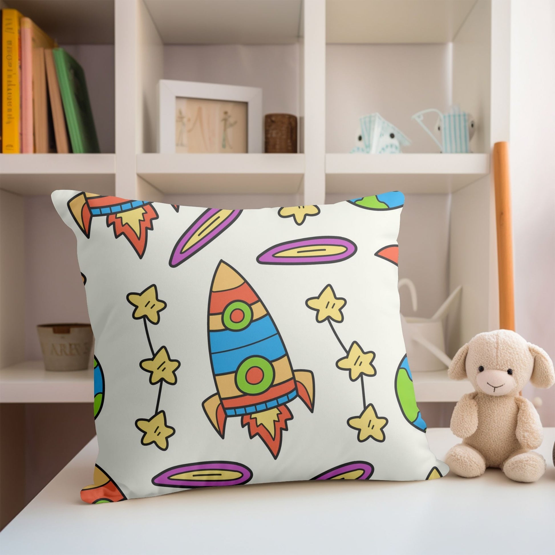Kids rocket ship pillow to inspire dreams of intergalactic adventures.