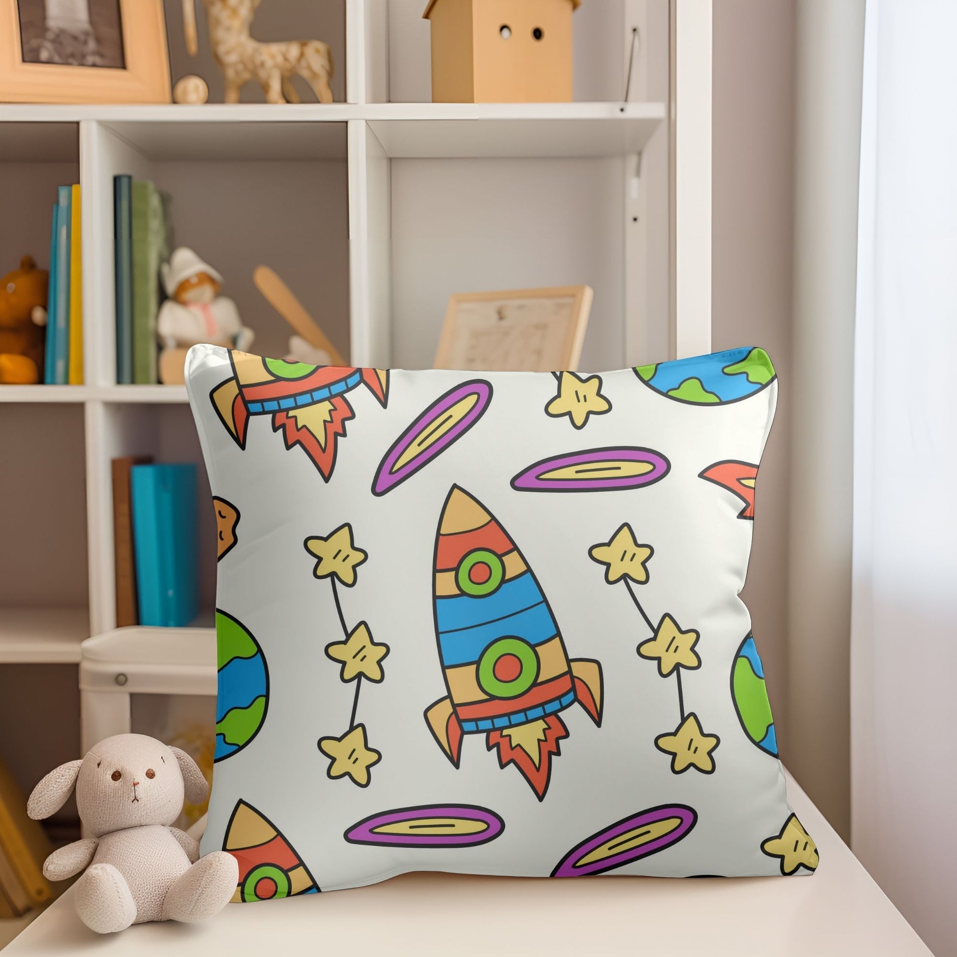 Whimsical space rocket pillow for a playful touch to any child's room.